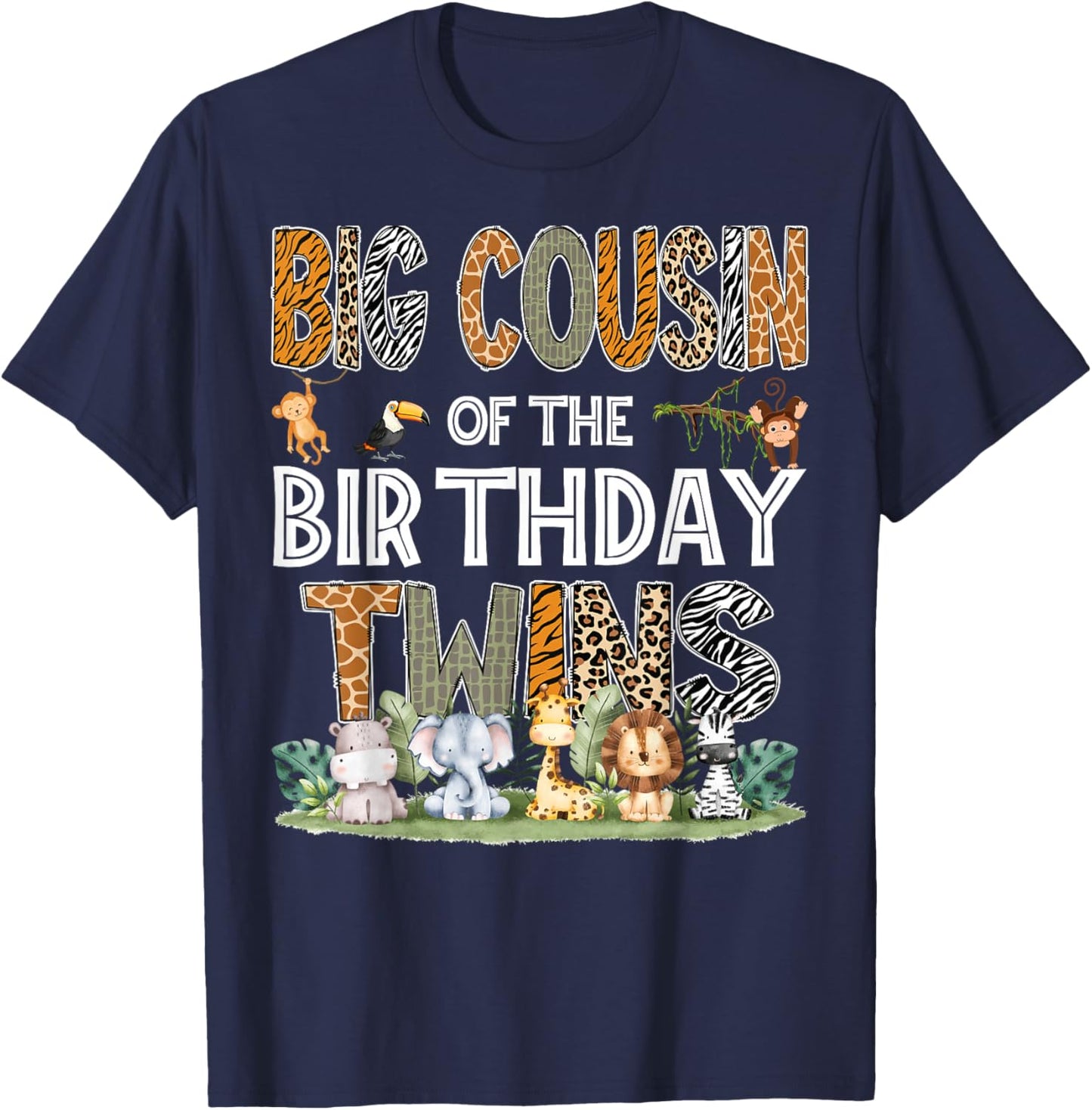 Big Cousin Of The Birthday Twins Safari Wild One Zoo Animal T-Shirt - T-Shirt | Navy