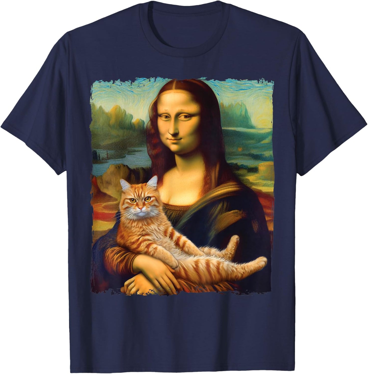 Mona Lisa Holding Cat Kitty for Cats Lover Cat Dad Cat Mom T-Shirt - T-Shirt | Navy