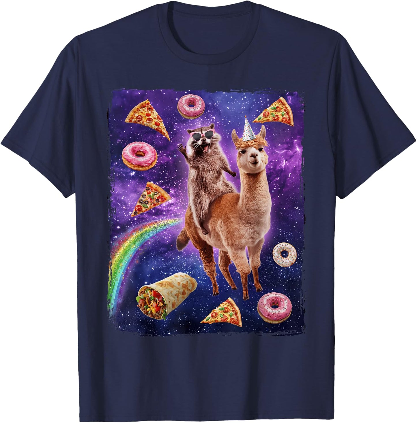 Raccoon Riding Alpaca Dank Meme Galaxy T-Shirt - T-Shirt | Navy