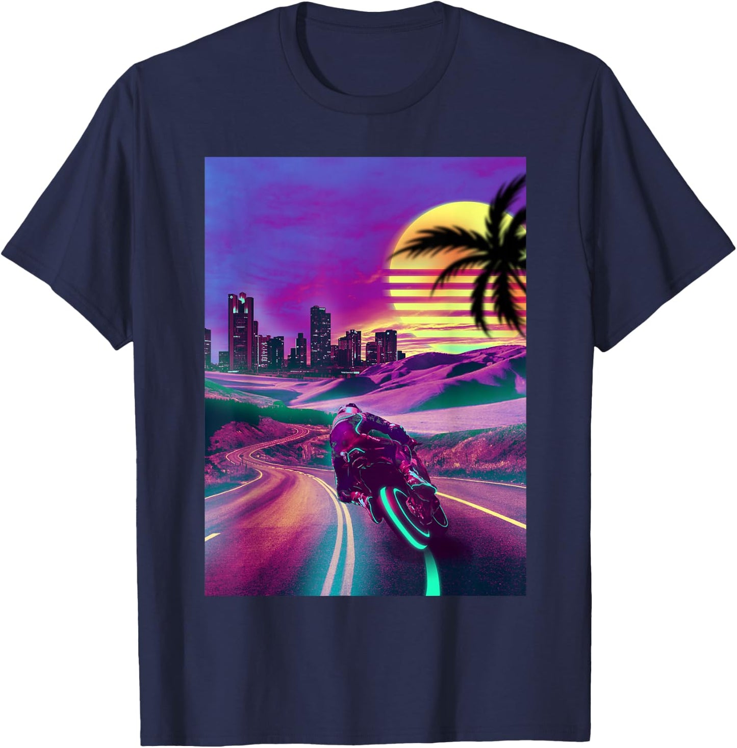 Outrun Vaporwave Retro 80s Synthwave Motorcycle Biker Racing T-Shirt - T-Shirt | Navy