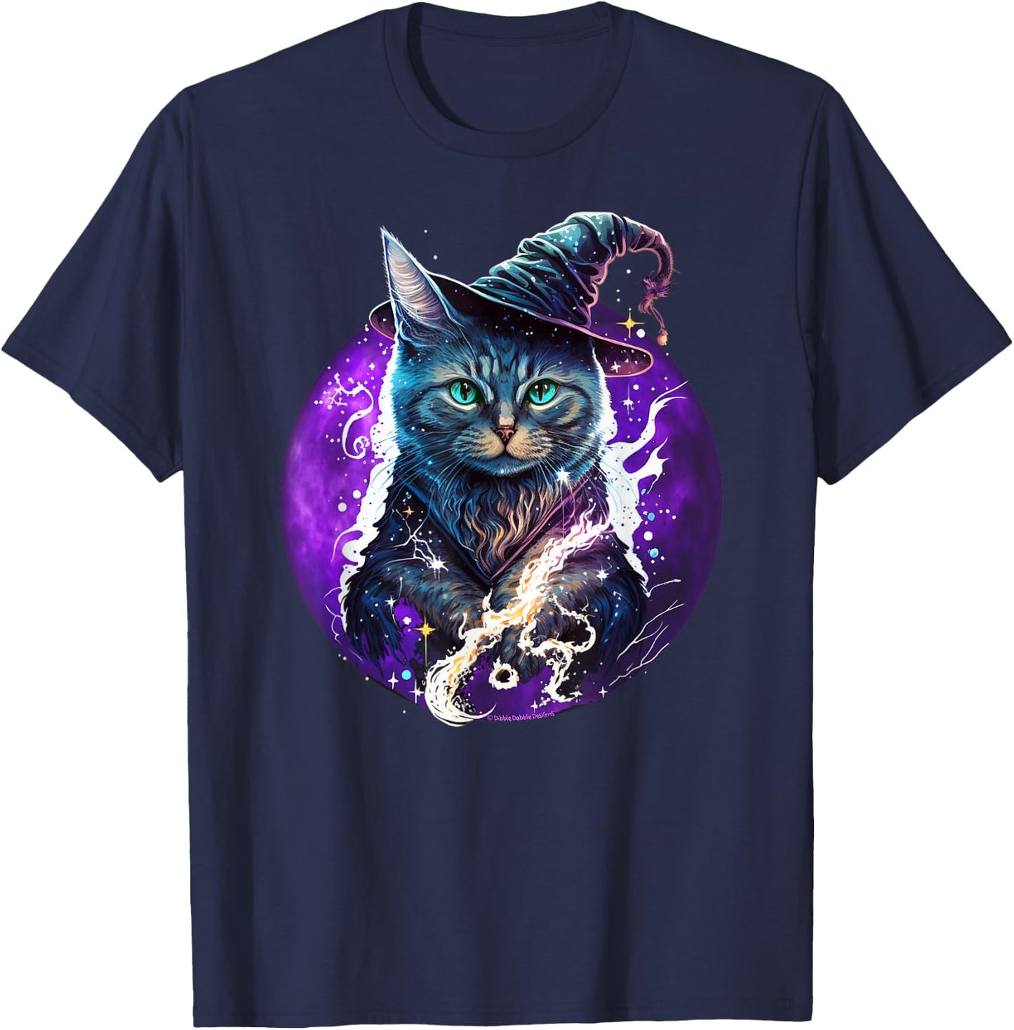Beautiful Wiccan Cat with a Witch Hat Purple Moon Witchy Cat T-Shirt - T-Shirt | Navy
