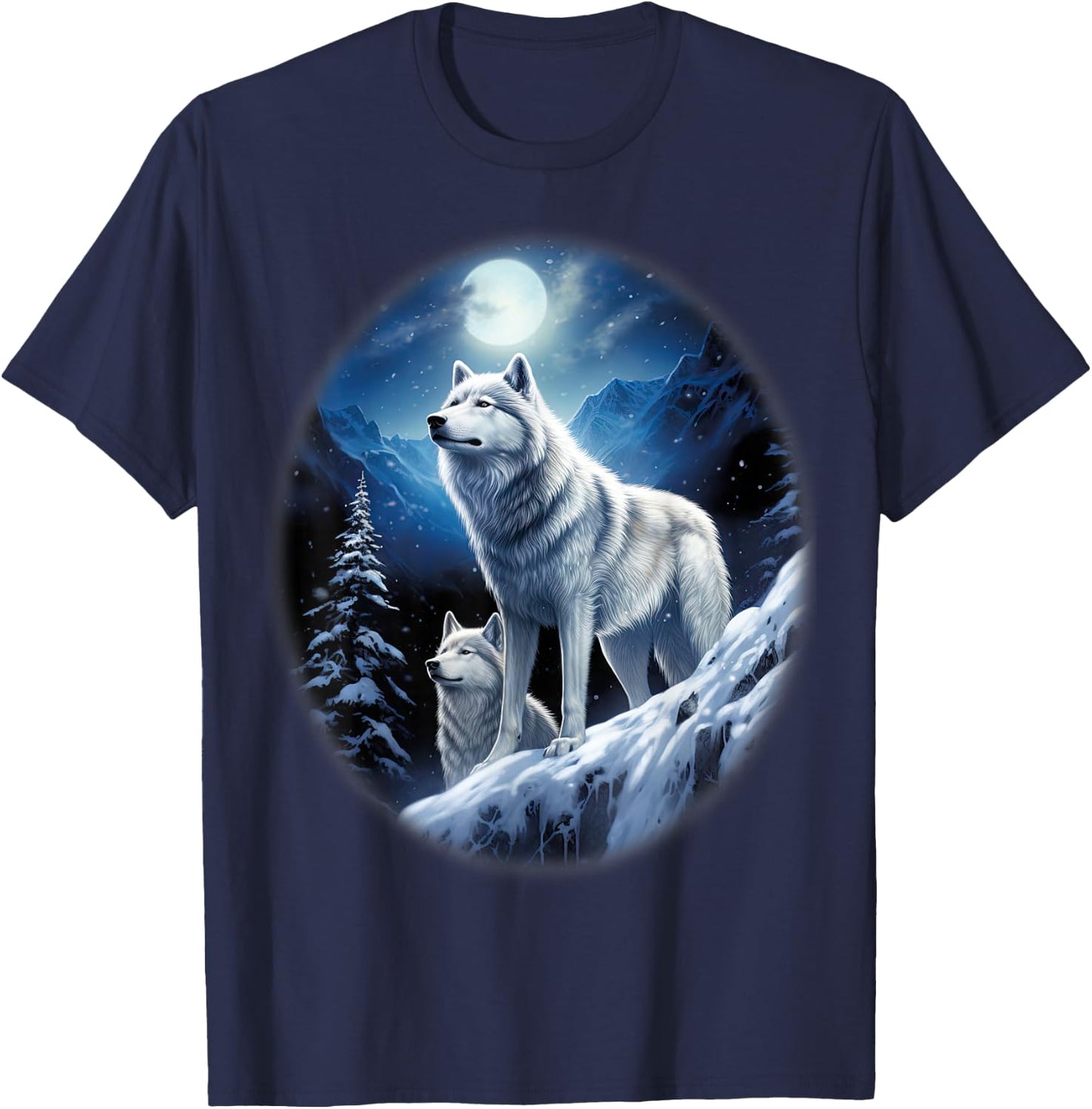 Wolves on an icy hill in the mountains with shiny moon T-Shirt - T-Shirt | Navy