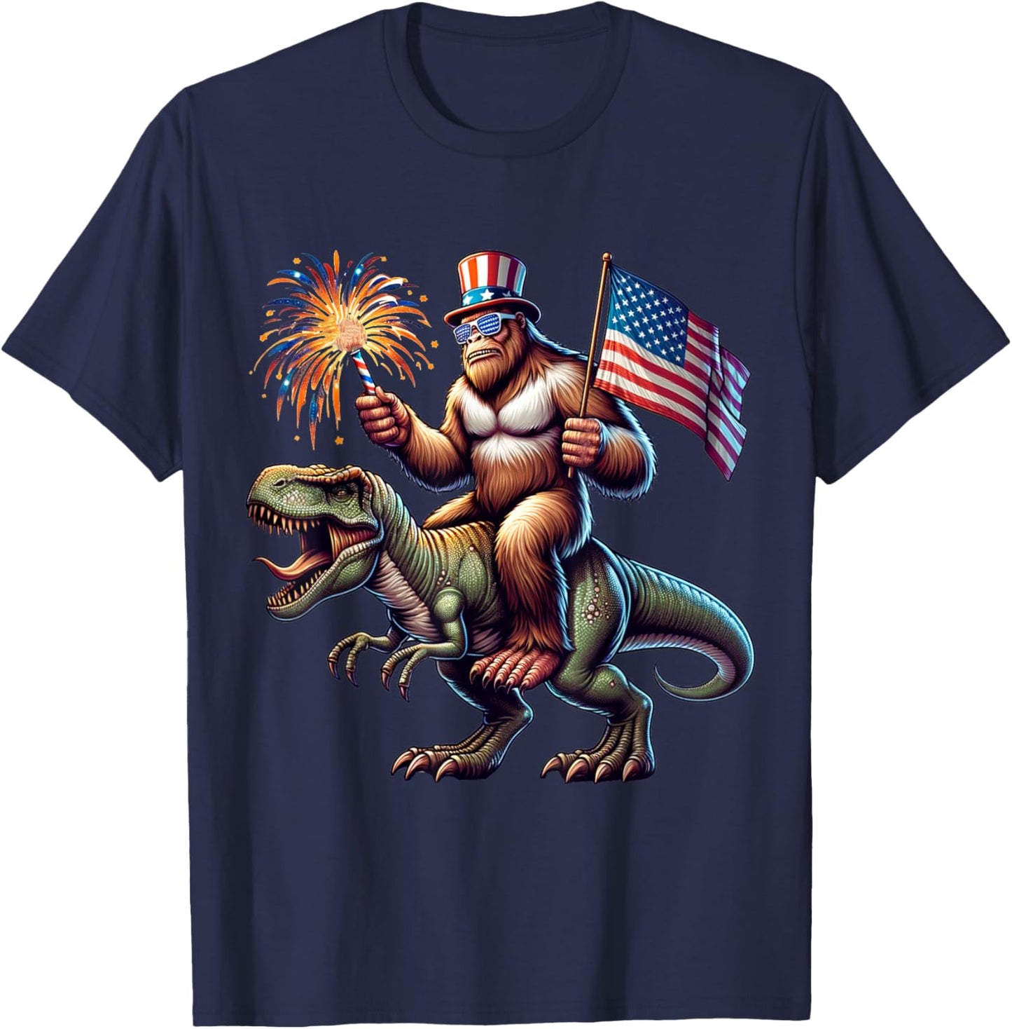 Bigfoot Sasquatch Riding Dinosaur T rex. Funny 4th of July T-Shirt - T-Shirt | Navy