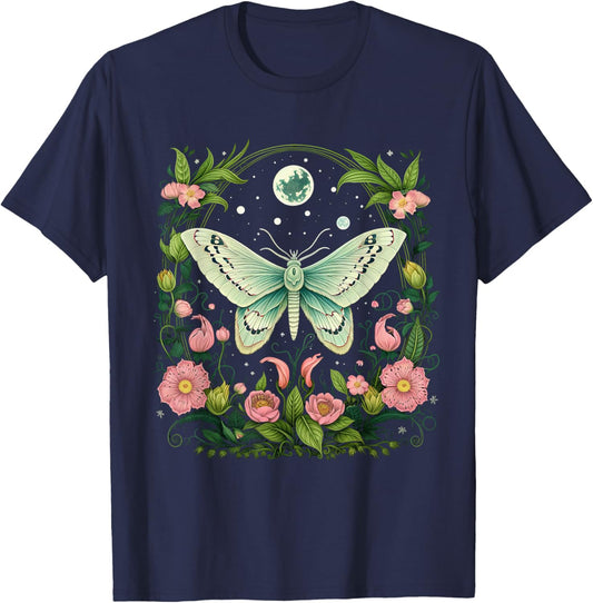 Goblincore Moth and Butterfly Moonphases Flowers Cottagecore T-Shirt - T-Shirt | Navy