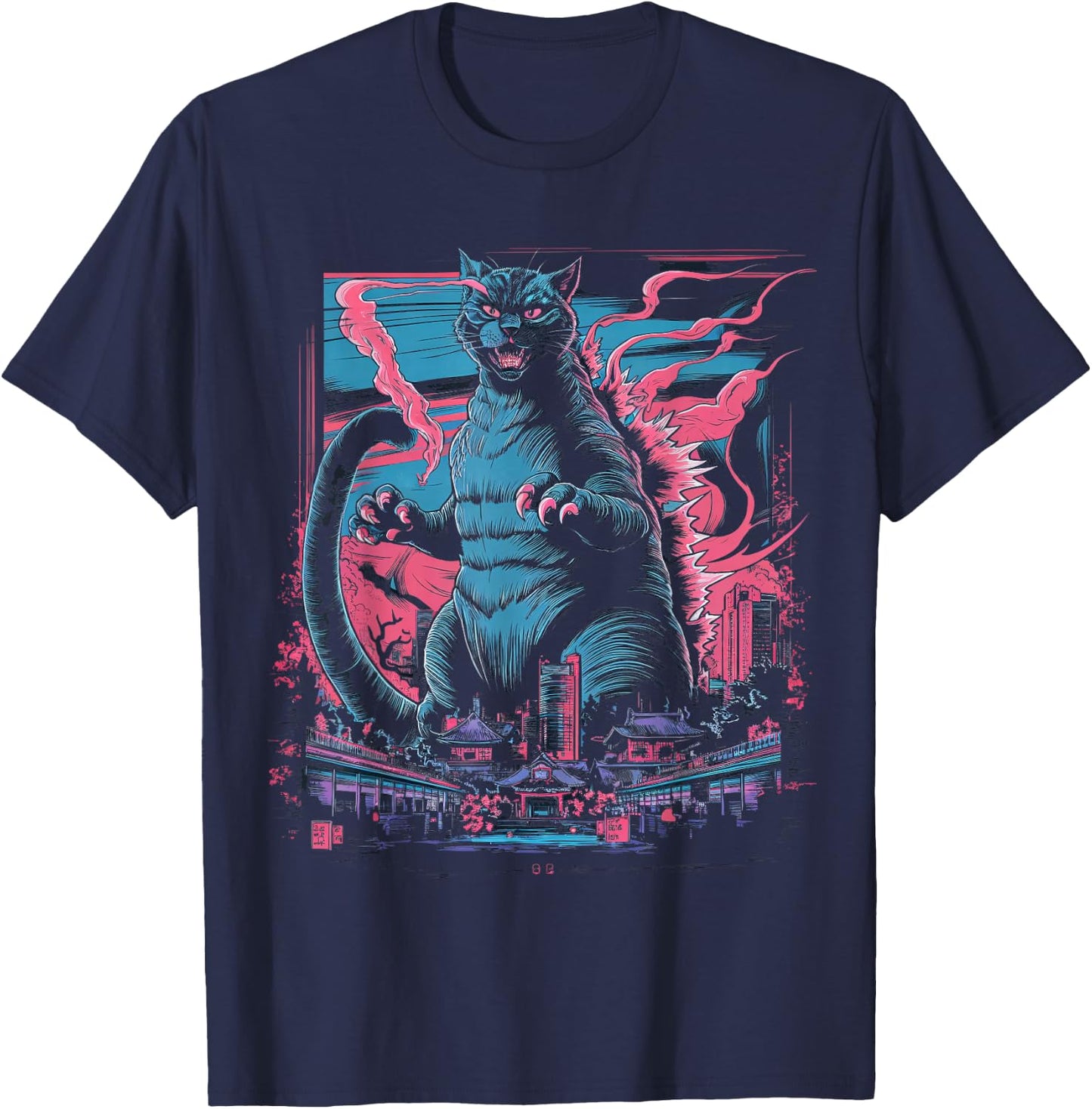 Catzilla Cat Japanese Art Funny Cat Women Kid T-Shirt - T-Shirt | Navy