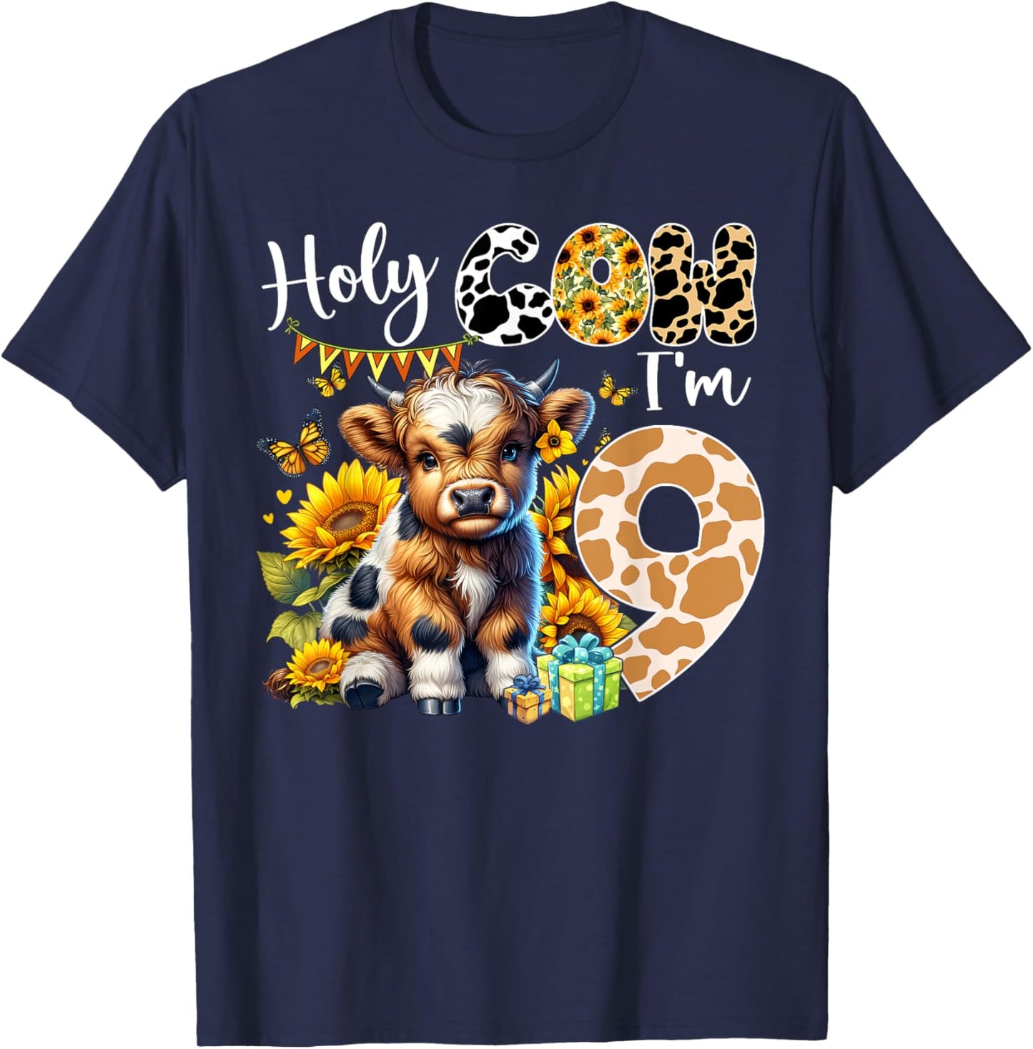 Holy Cow I’m 9 Years Old Dairy Cow Sunflowers 9th Birthday T-Shirt - T-Shirt | Navy