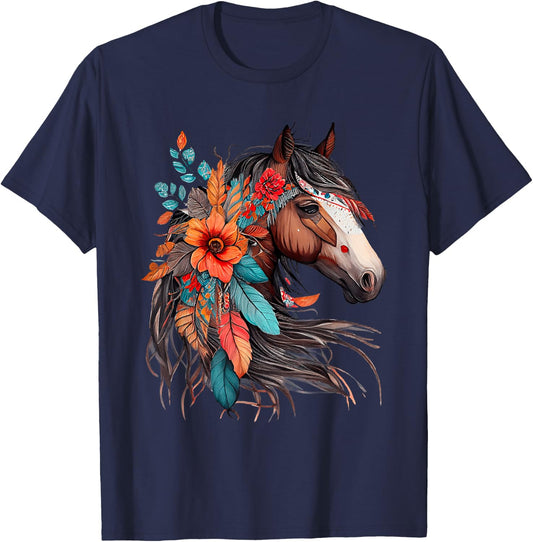 Floral Wild Horse Country Horse Riding , Small, Black T-Shirt - T-Shirt | Navy