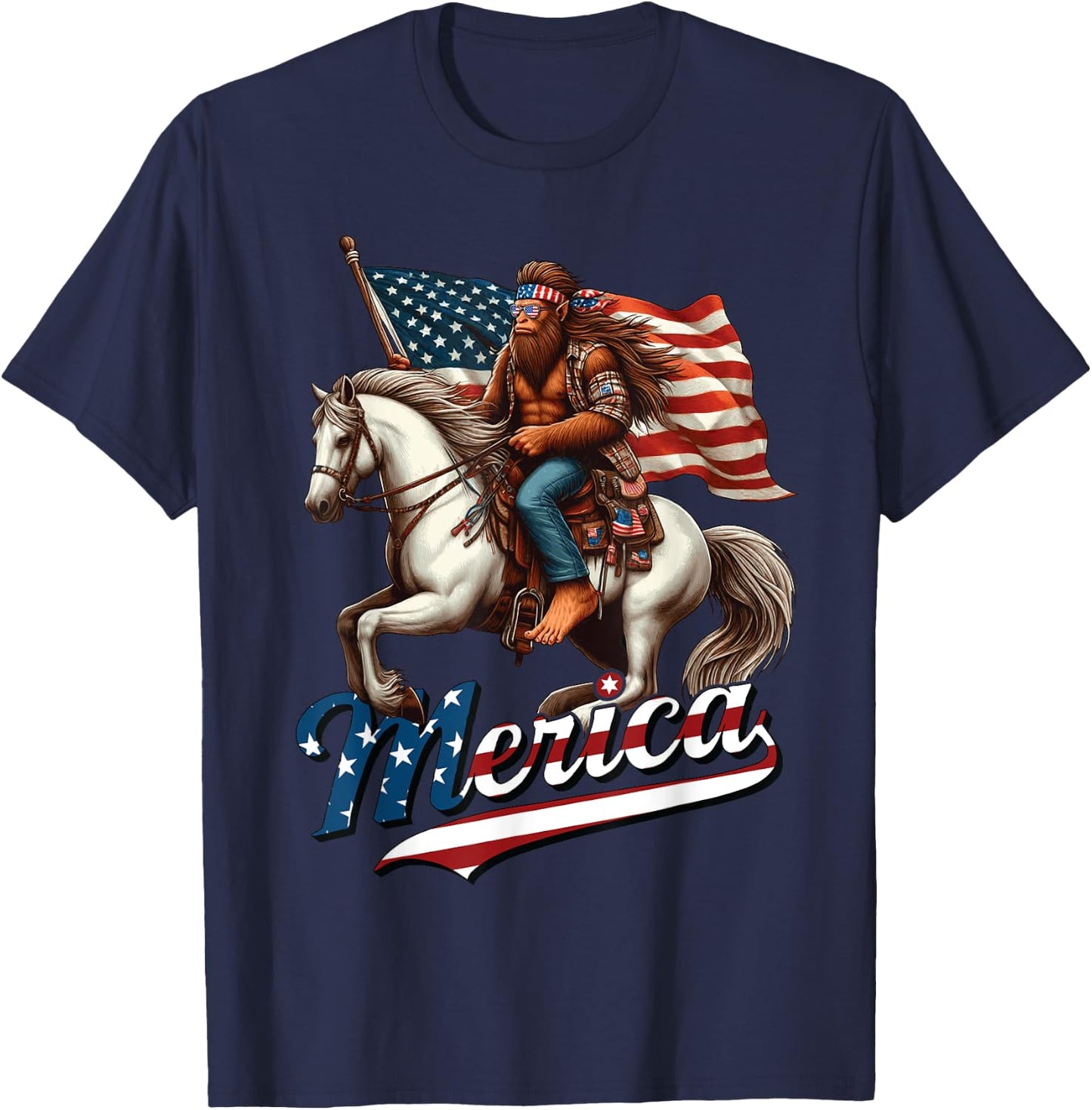 Funny Bigfoot Merica USA Mullet Bandana Horse Riding T-Shirt - T-Shirt | Navy