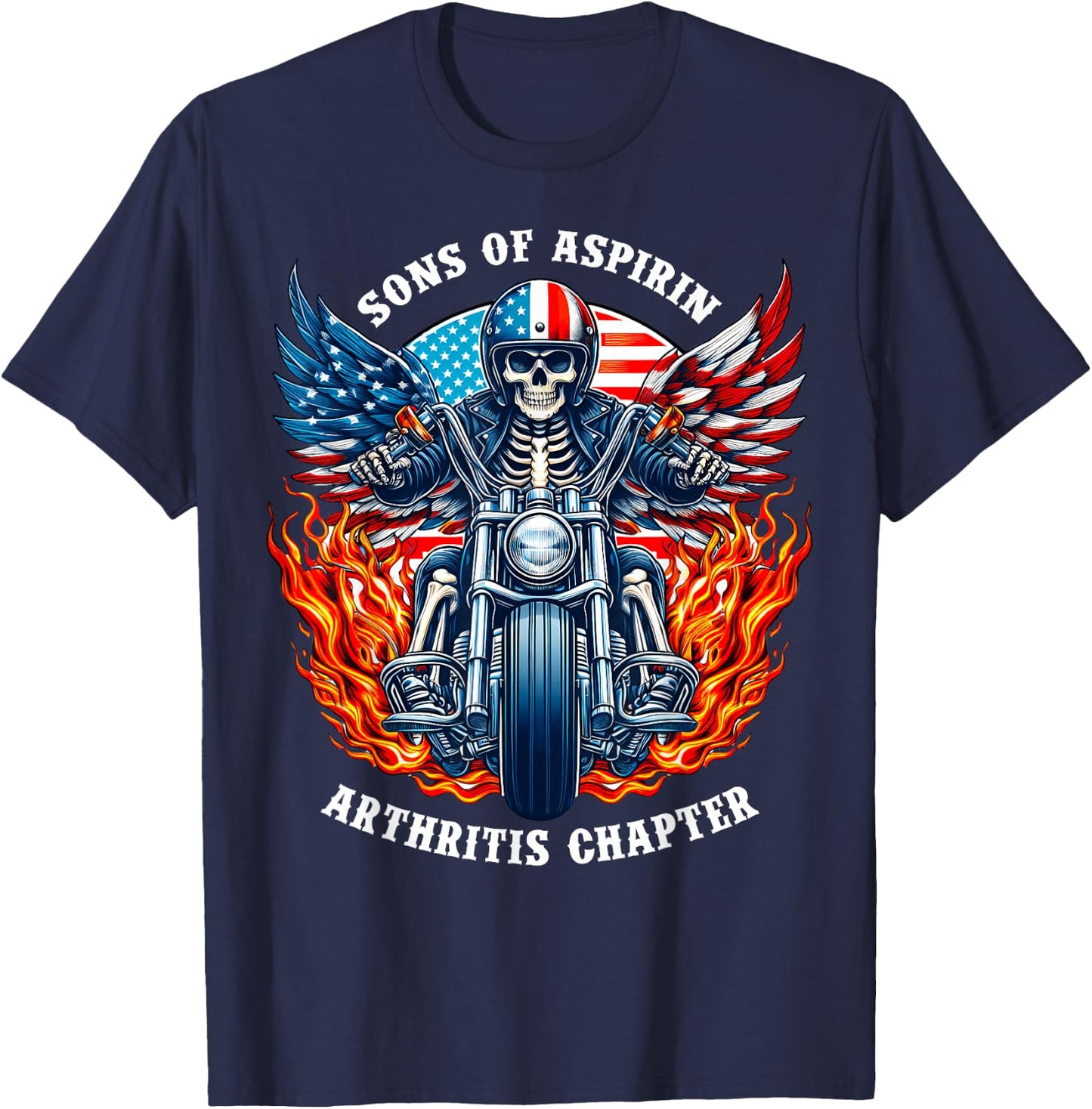 Sons of Aspirin Arthritis Chapter Skeleton Motorcycle Rider T-Shirt - T-Shirt | Navy