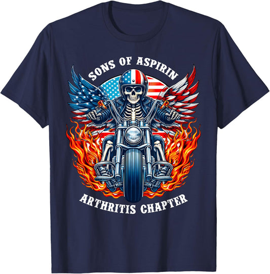 Sons of Aspirin Arthritis Chapter Skeleton Motorcycle Rider T-Shirt - T-Shirt | Navy