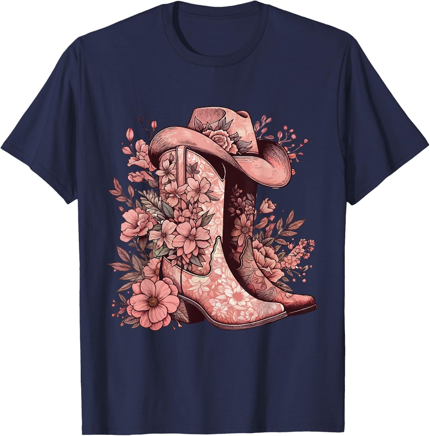 Boho Watercolor Cowgirl Boots Hat Floral Boots Western Boots T-Shirt - T-Shirt | Navy