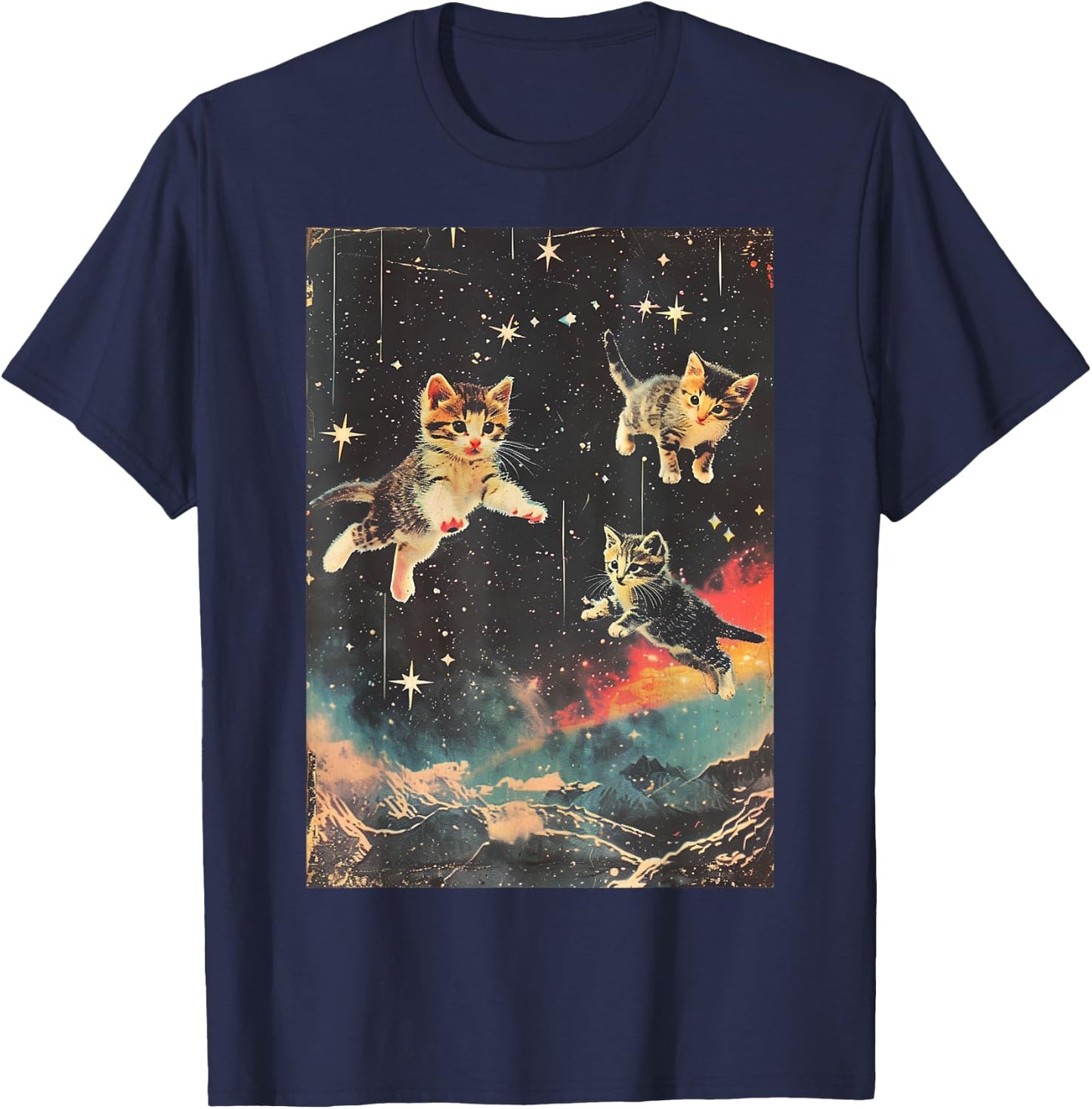Funny Kittens Cat in Space Cute Vintage Art Retro T-Shirt - T-Shirt | Navy