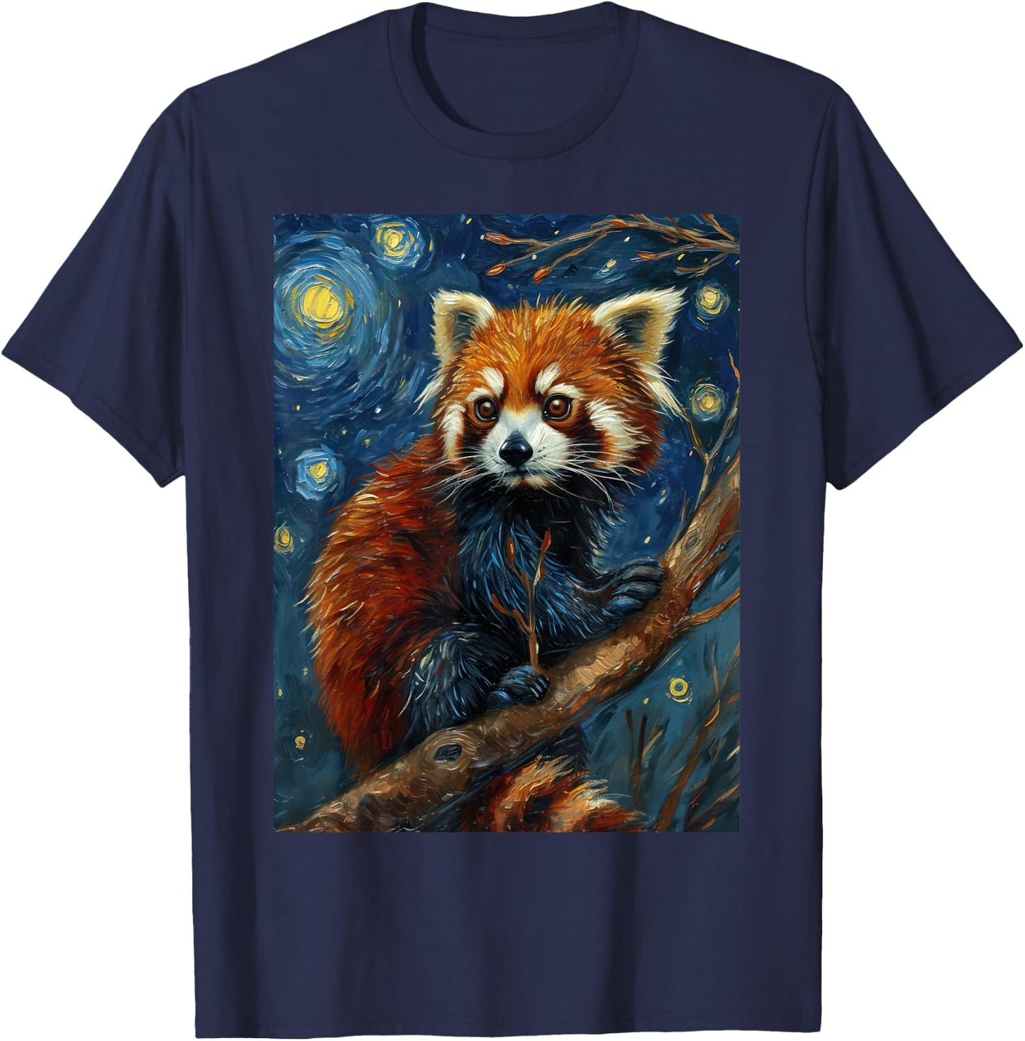 Red Panda Starry Night Van Gogh Style Graphic T-Shirt - T-Shirt | Navy
