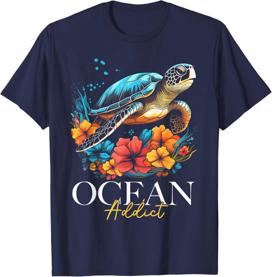 Sea Turtle Flowers Ocean Scuba Diving Diver Surfer Souvenir T-Shirt - T-Shirt | Navy