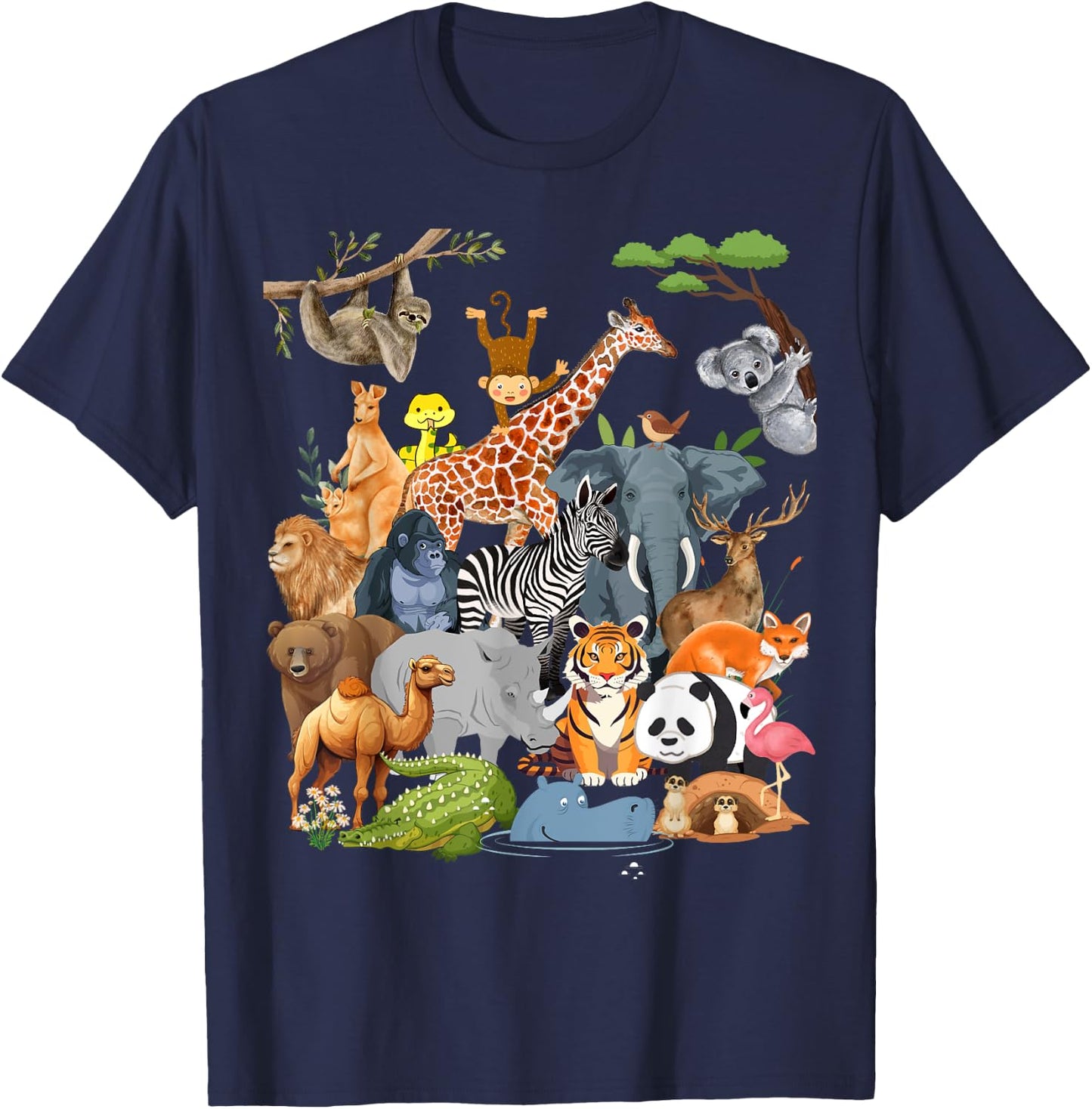 Men Women and Kids Wildlife Zoo Day Party Cute 22 Animals T-Shirt - T-Shirt | Navy