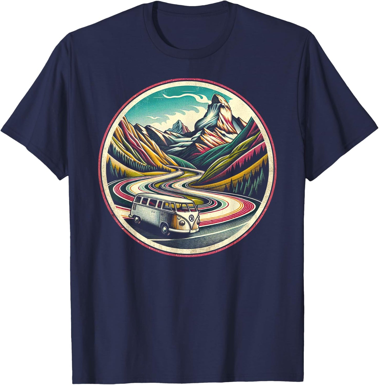 Classic Van Scenic Road Vintage Art T-Shirt - T-Shirt | Navy