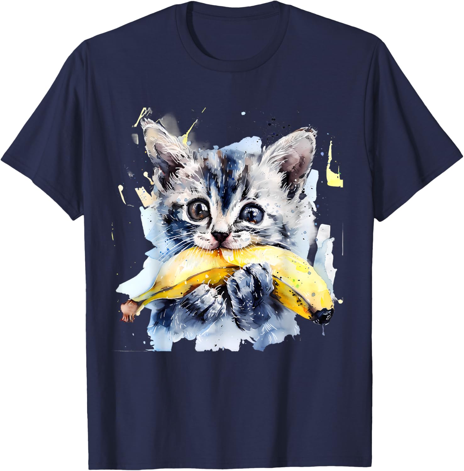 Banana Cat Watercolor Portrait Animal Art Bananas Fruit T-Shirt - T-Shirt | Navy