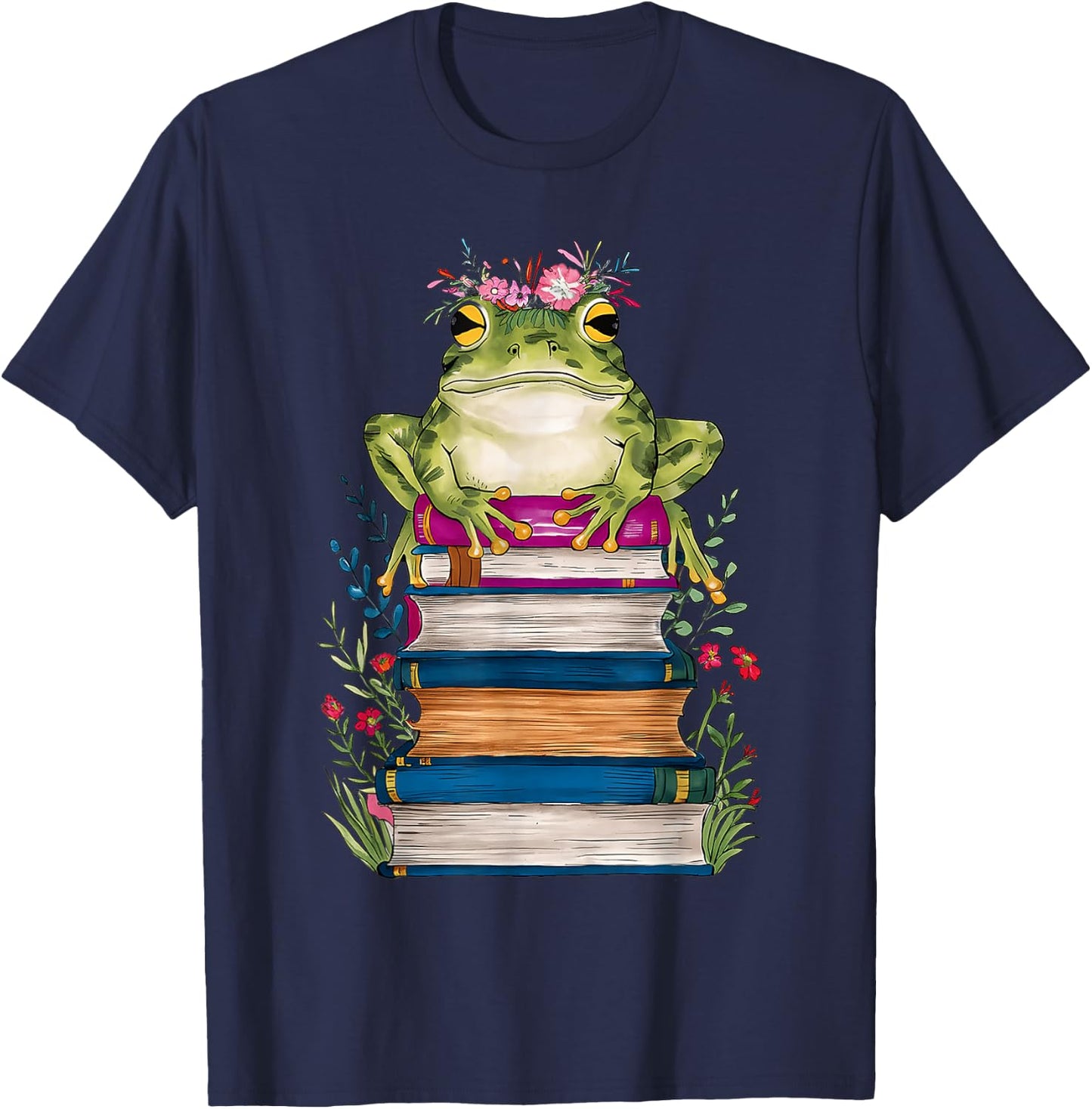 Cute Frog With Book Floral Bookworm Librarian Book Lover T-Shirt - T-Shirt | Navy
