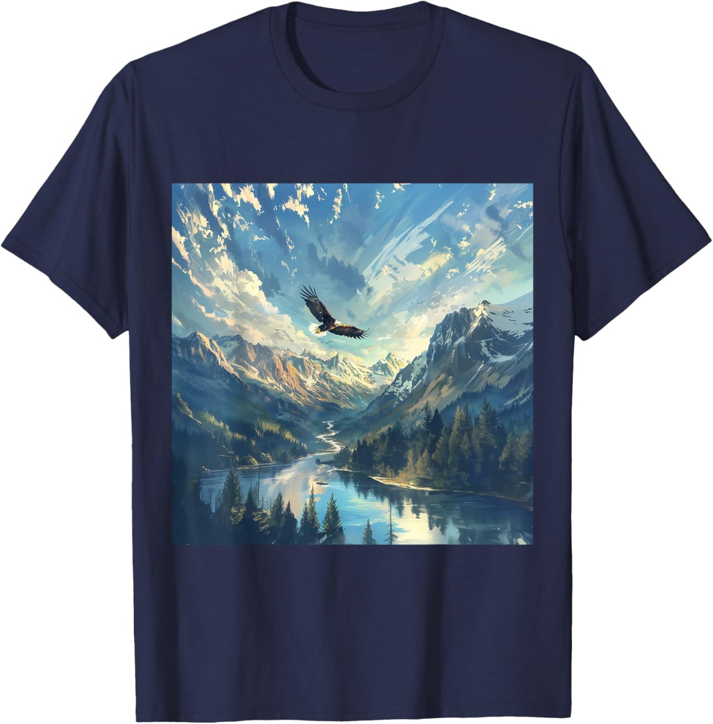 Gnosis Picture Archive Adult Impressionist Wild Bald Eagle Flying over River Valley - Black - Small - Short Sleeve T-Shirt - T-Shirt | Navy