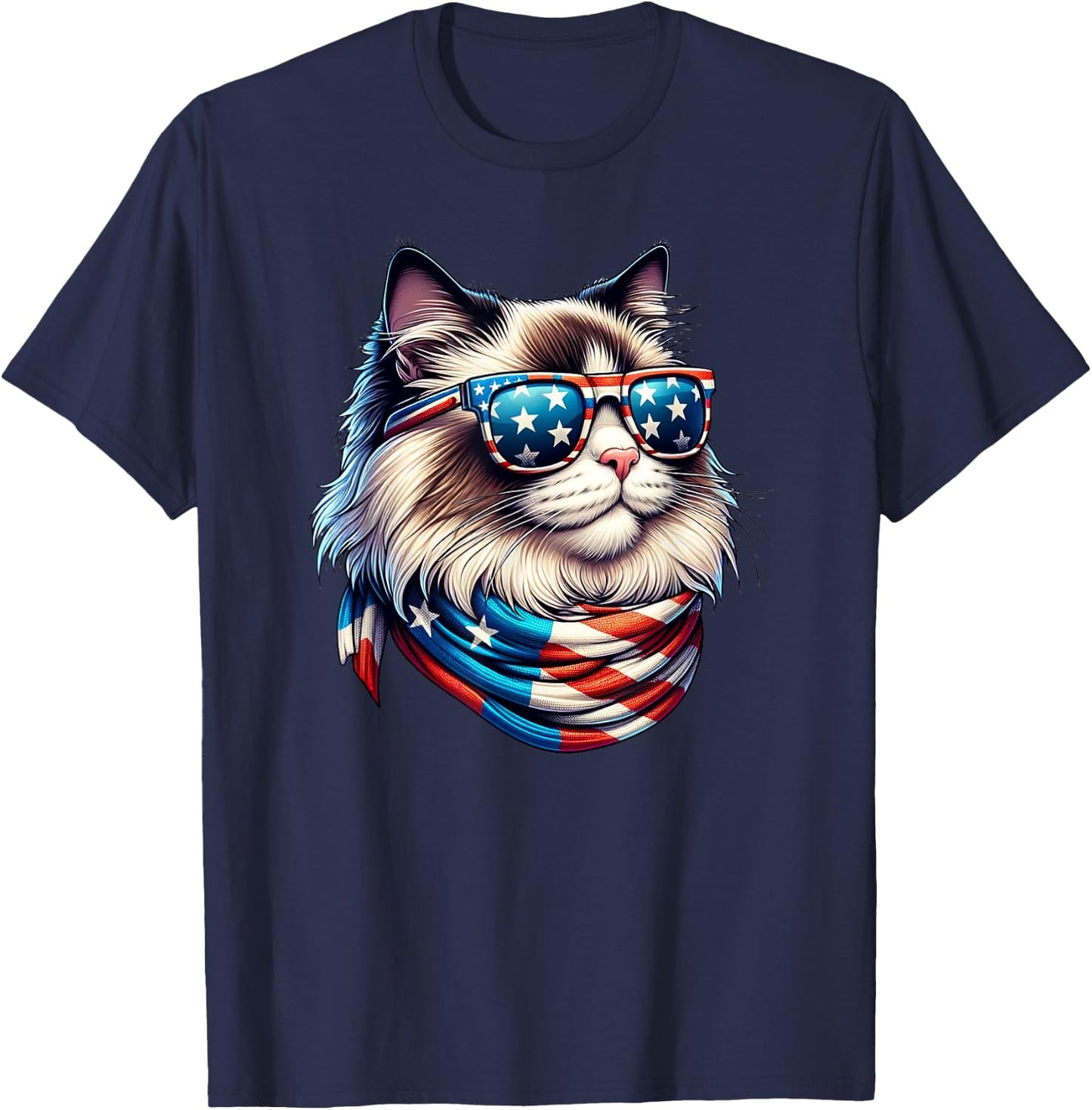 Ragdoll Cat USA Flag Sunglasses Patriotic Cat 4th of July Women Men T-Shirt - T-Shirt | Navy