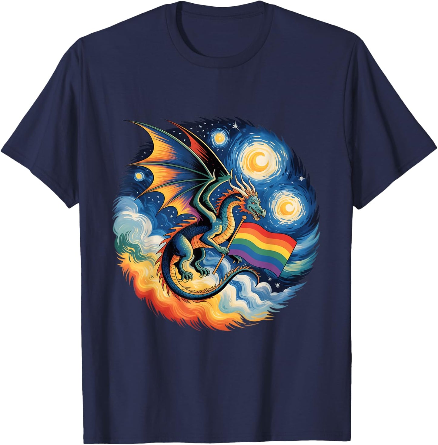 Van Gogh Starry Night Lgbtq Gay Pride Support Dragon T-Shirt - T-Shirt | Navy