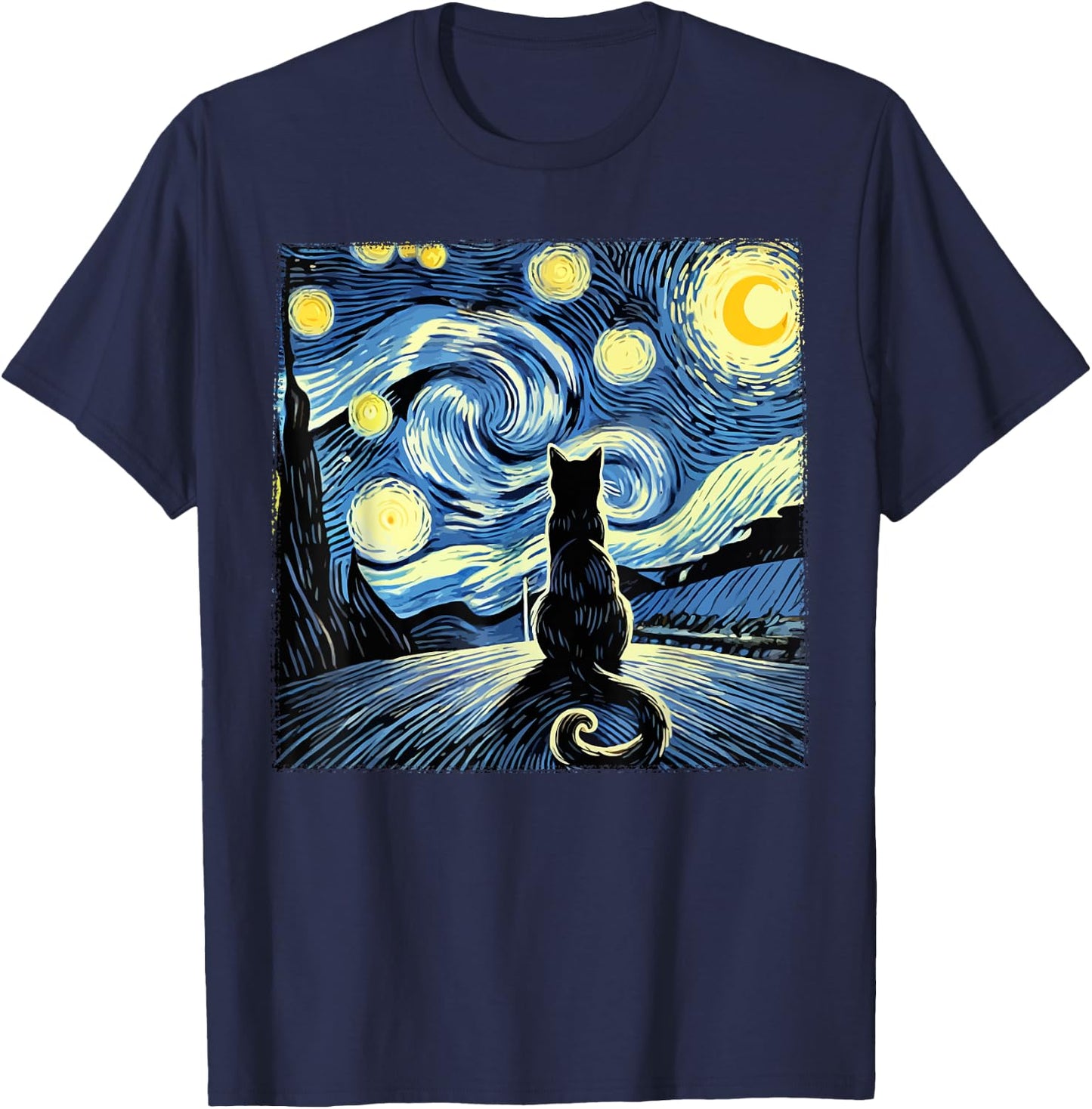 Van Gogh Starry Night Cat Shirt Funny Cat Lovers T-Shirt - T-Shirt | Navy