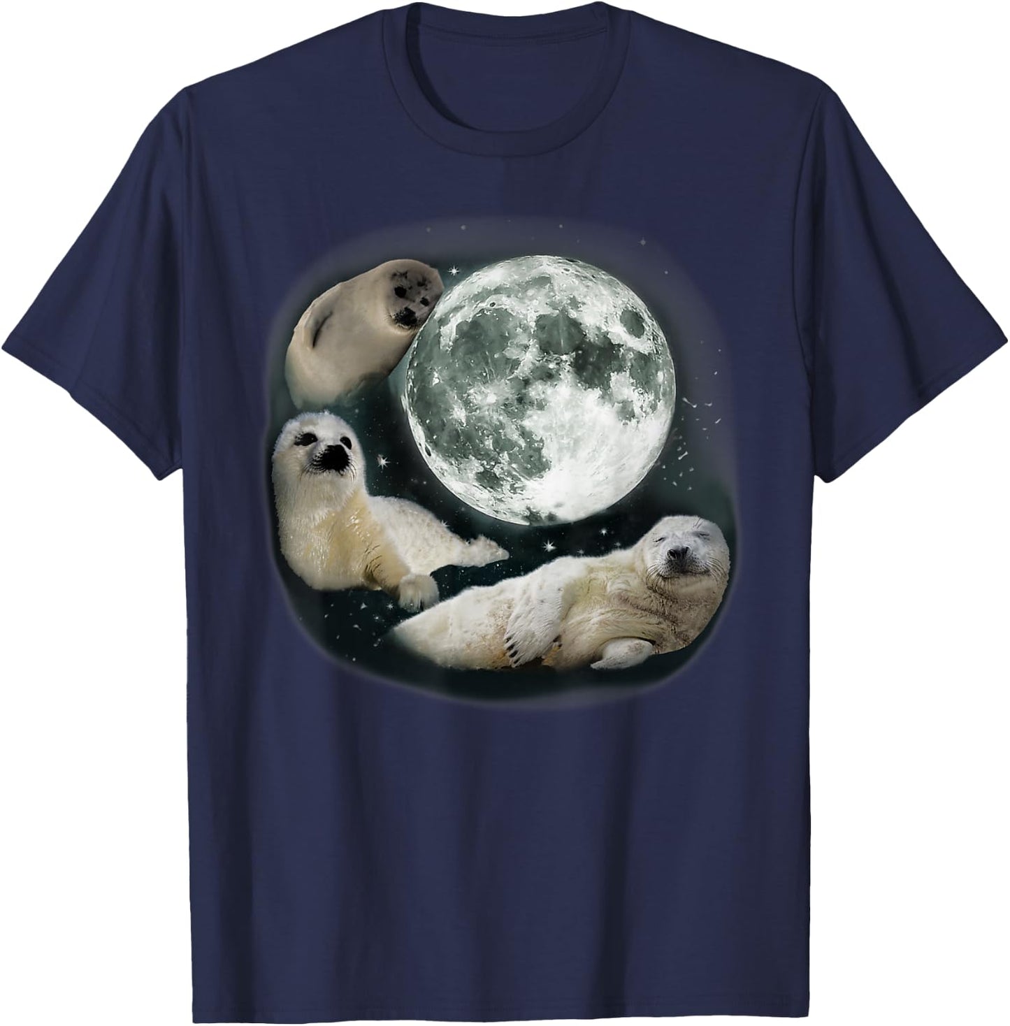 Three Sea Dog Howling At Moon Cute Sea Dog Ocean Animal T-Shirt - T-Shirt | Navy