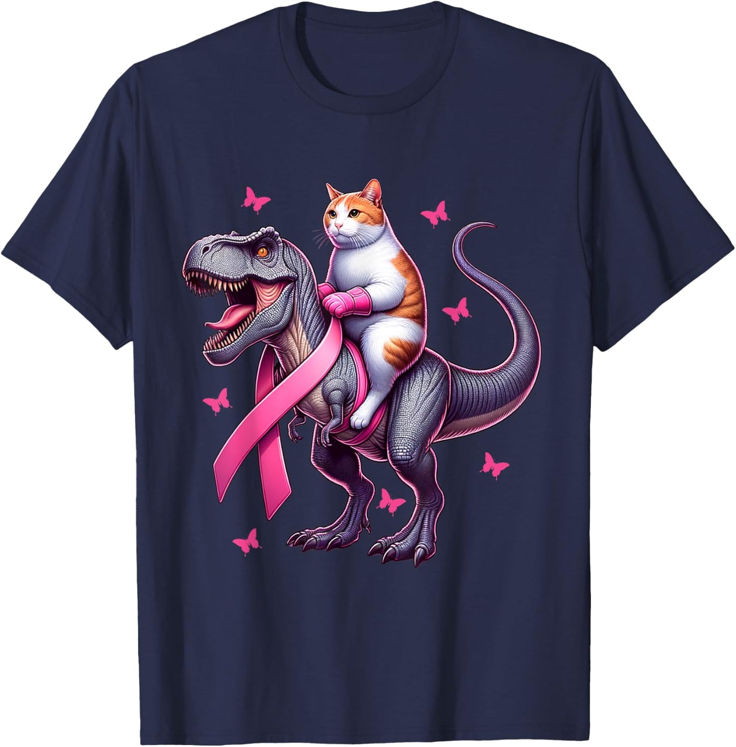 Cat Riding T Rex Dinosaur. Breast Cancer Awareness Women Kids T-Shirt - T-Shirt | Navy