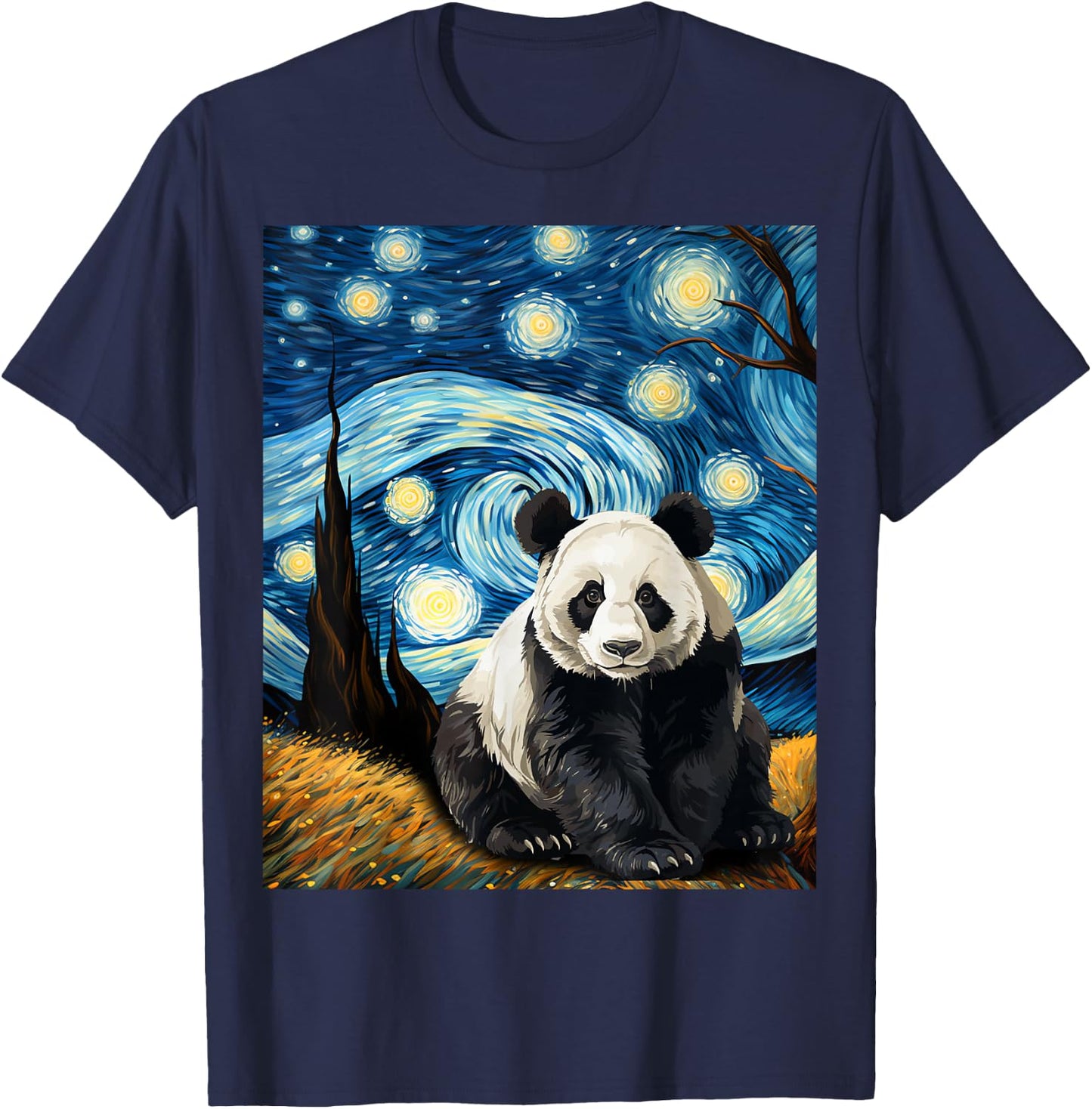 Panda Starry Night Men Kids Kawaii Van Gogh Graphic Apparel T-Shirt - T-Shirt | Navy