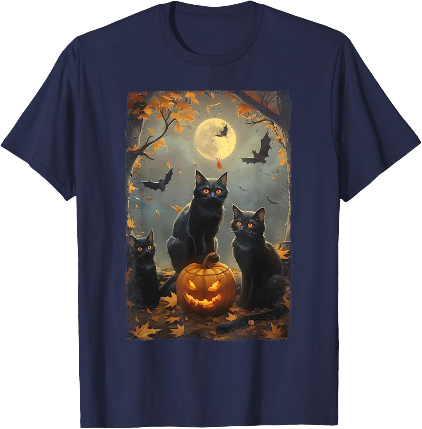 Vintage Three Black Cats Halloween Pumpkin Costume Cat Lover Women Kids T-Shirt - T-Shirt | Navy