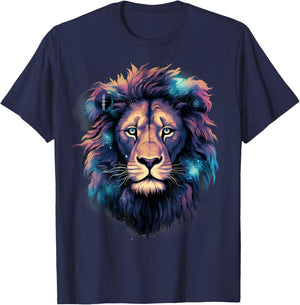 Lion Portrait Colorful Artwork Wildlife Motif Animal Art T-Shirt - T-Shirt | Navy