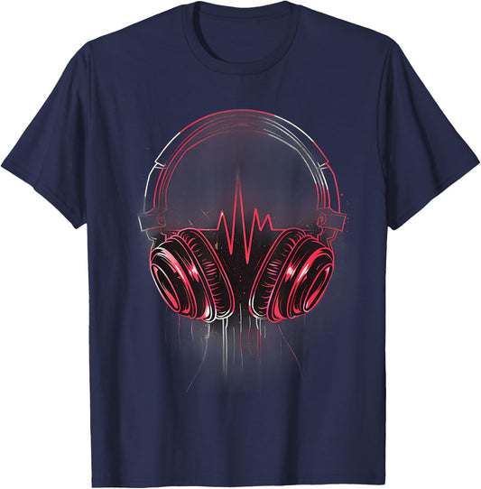 Headphones Music DJ Heartbeat EKG Pulse EDM Music Headphones T-Shirt - T-Shirt | Navy