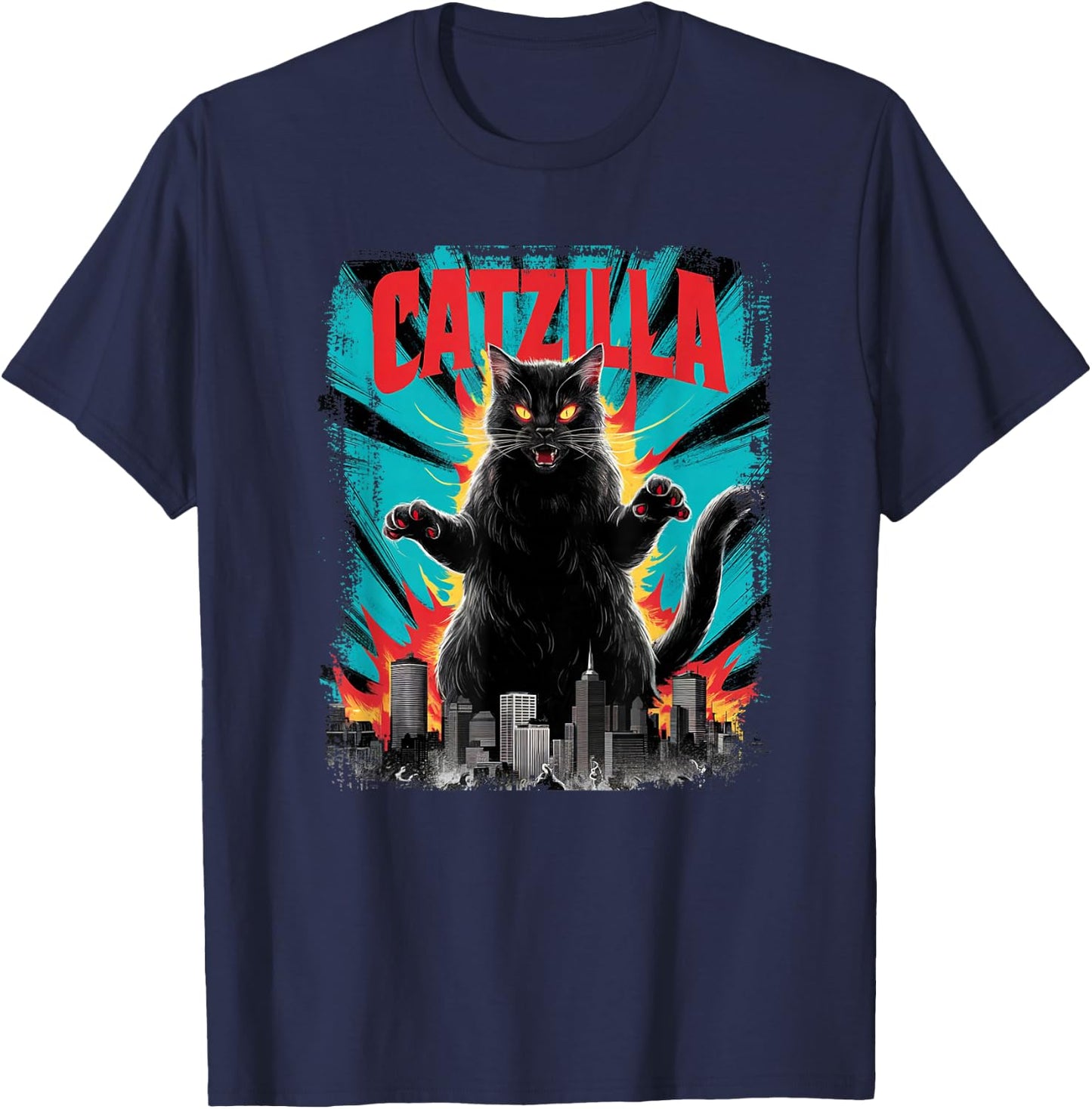 Catzilla Funny Cat Graphic Japanese Cityscape T-Shirt - T-Shirt | Navy