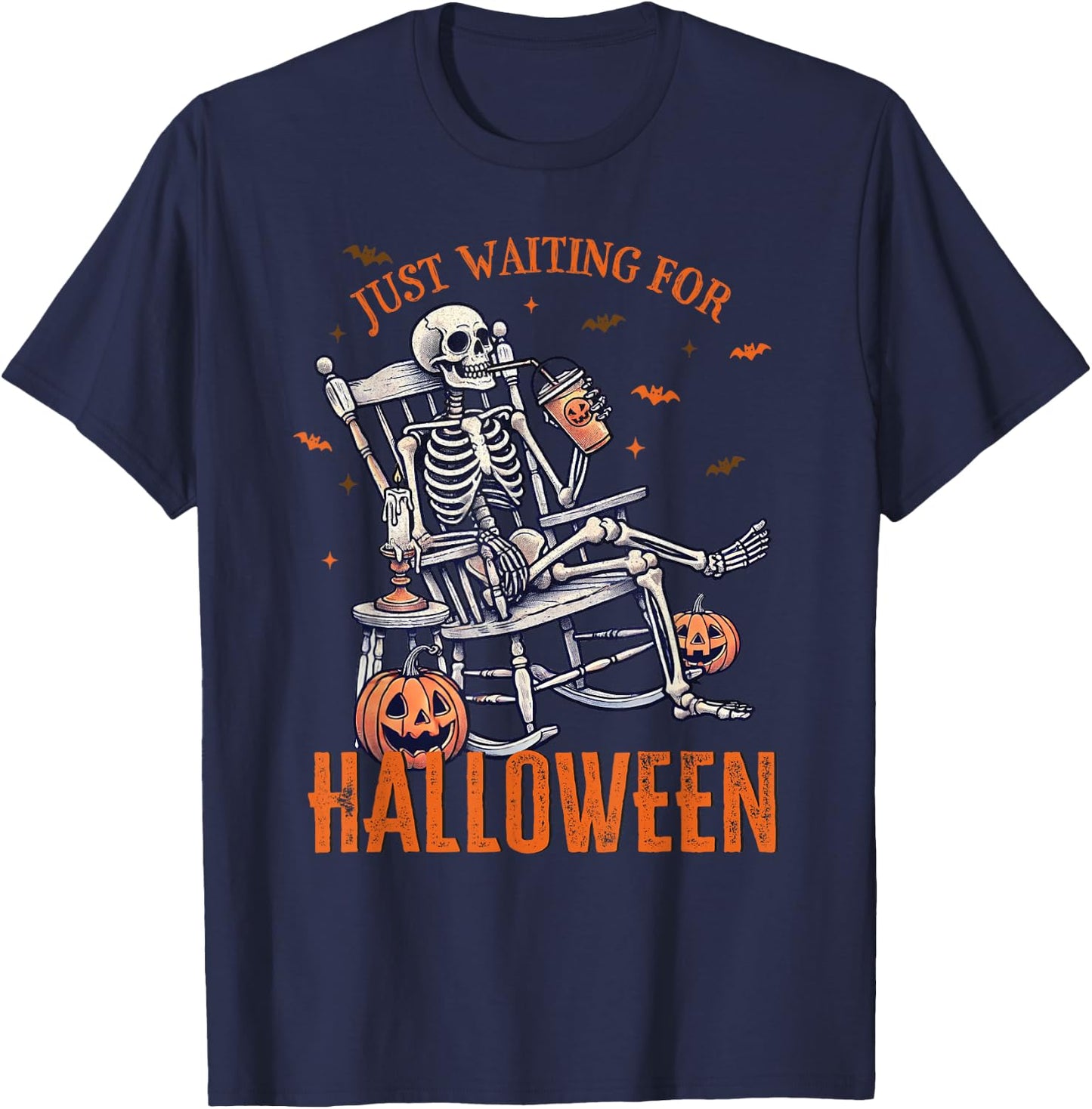 Funny Just Waiting For Halloween Skeleton Spooky Vibe Summer Men Women T-Shirt - T-Shirt | Navy