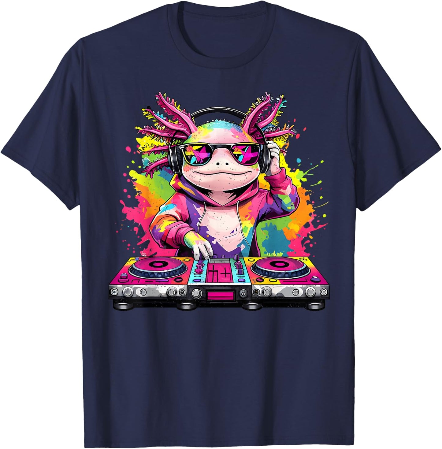 Kids Dj Axolotl Music Lover Rainbow DJ Dance Music Axolotl T-Shirt - T-Shirt | Navy