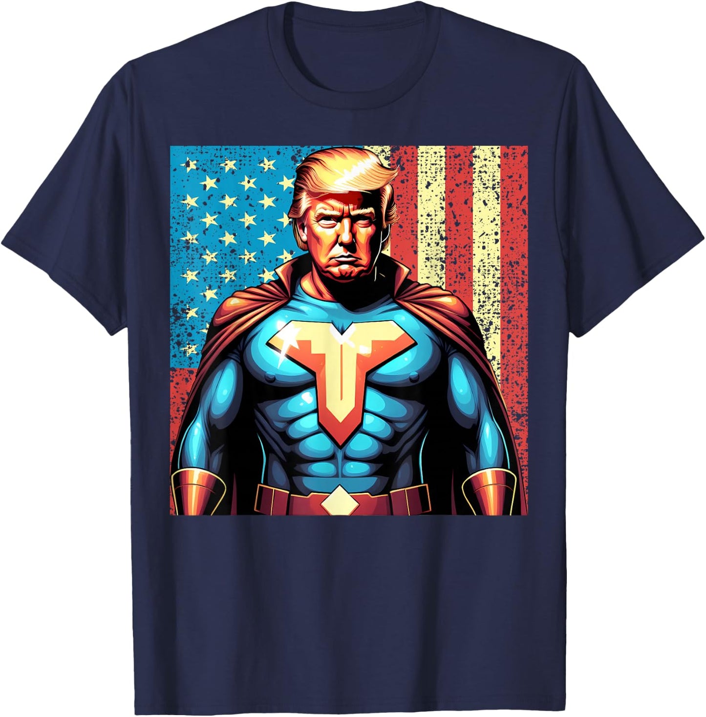 Donald Trump 2024 Superhero Distressed American Flag T-Shirt - T-Shirt | Navy