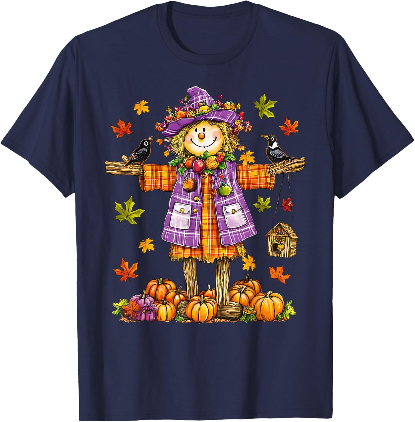 Scarecrow Autumn Fall Season Pumpkin Thanksgiving Halloween T-Shirt - T-Shirt | Navy
