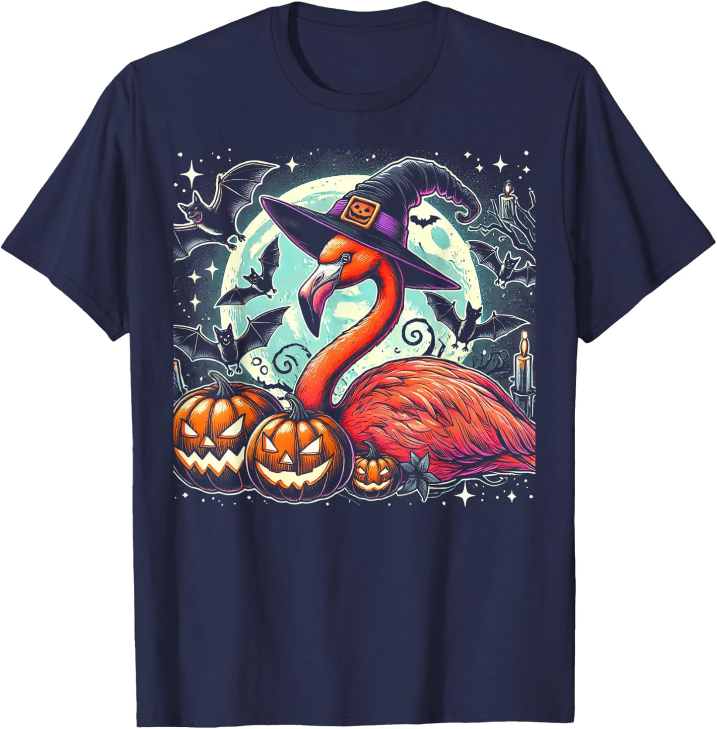 Flamingo Witch Halloween - Spooky Pumpkin Art T-Shirt - T-Shirt | Navy