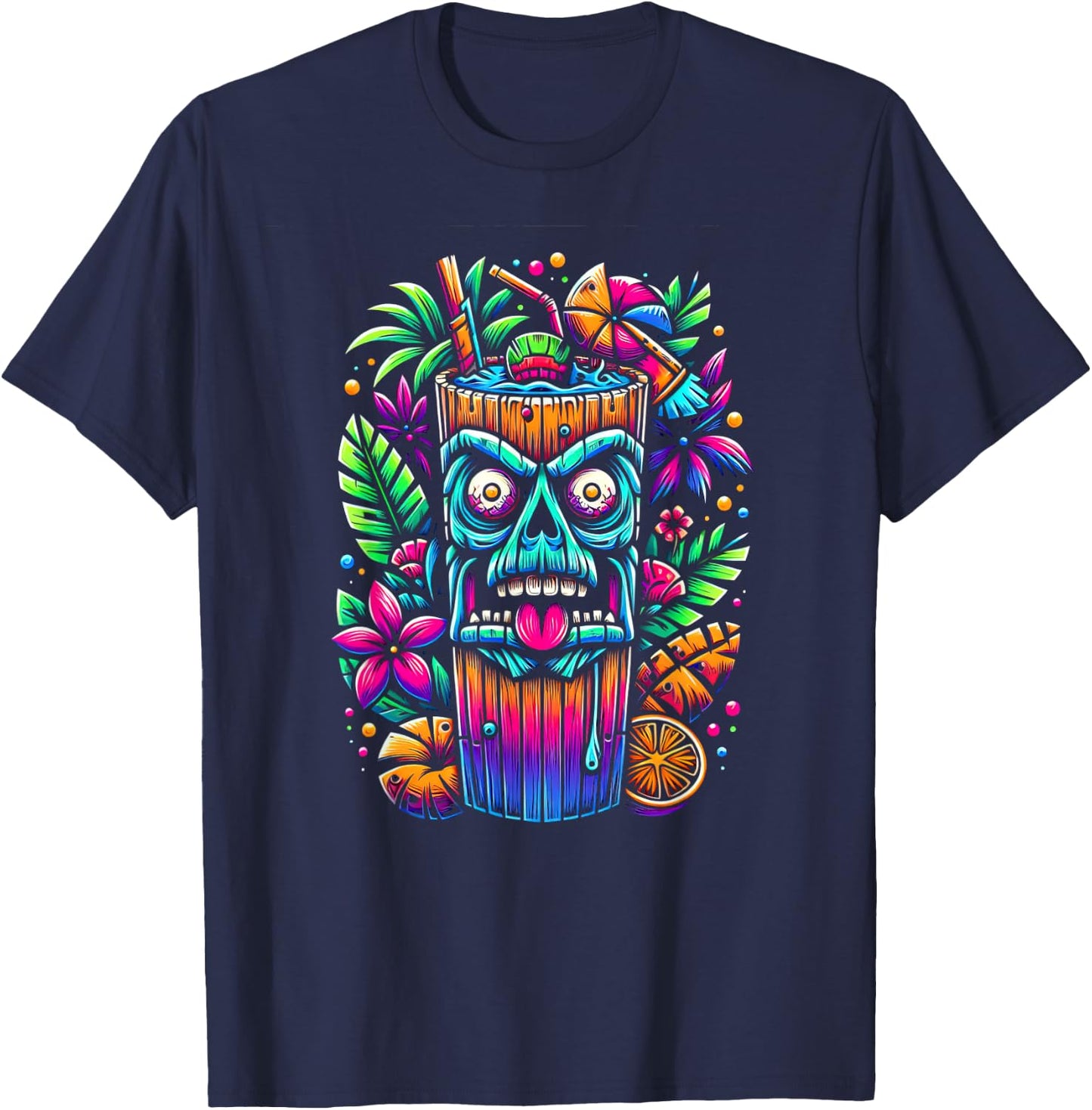 Zombie Tiki Glass Tropical Horror Fan Fun Summer Vacation Men Women T-Shirt - T-Shirt | Navy