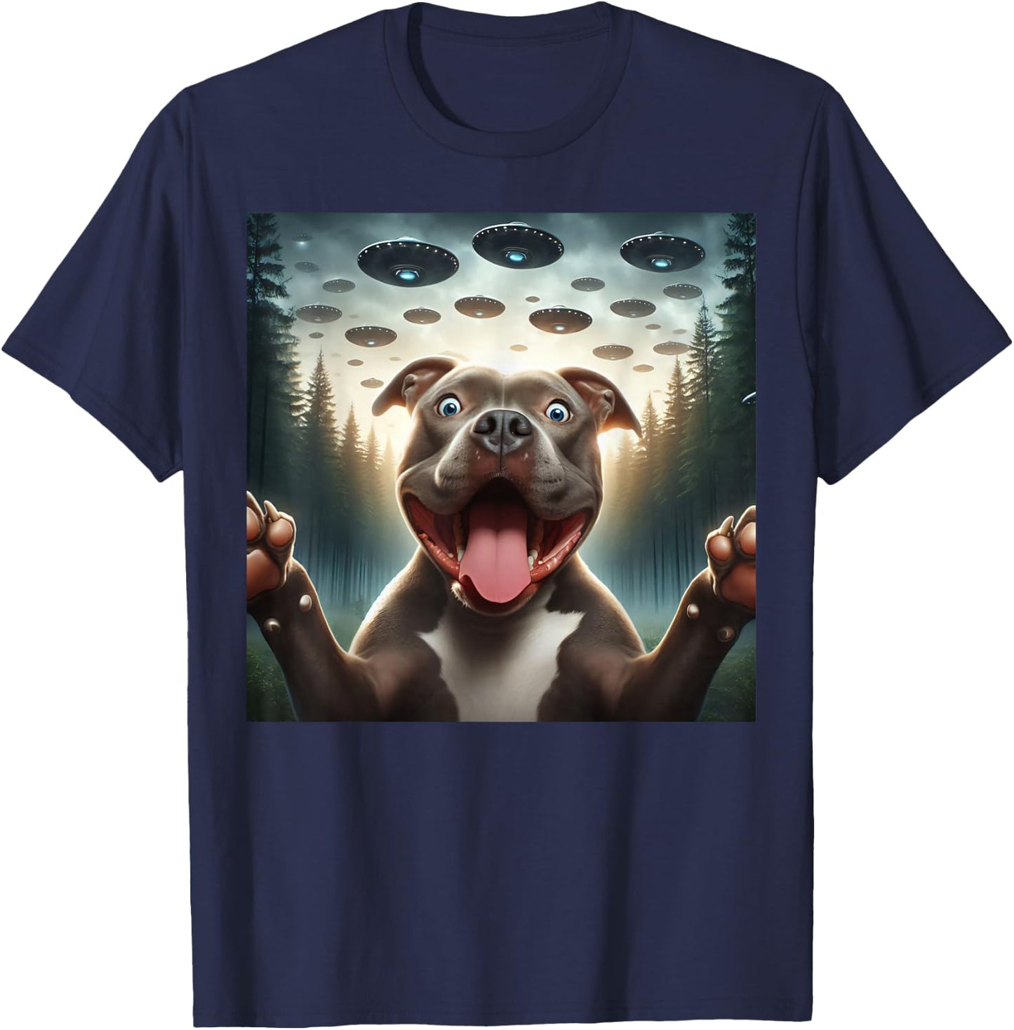 Pitbull Selfie with UFO alien funny surprised Pitbull dog Men Women Kids T-Shirt - T-Shirt | Navy