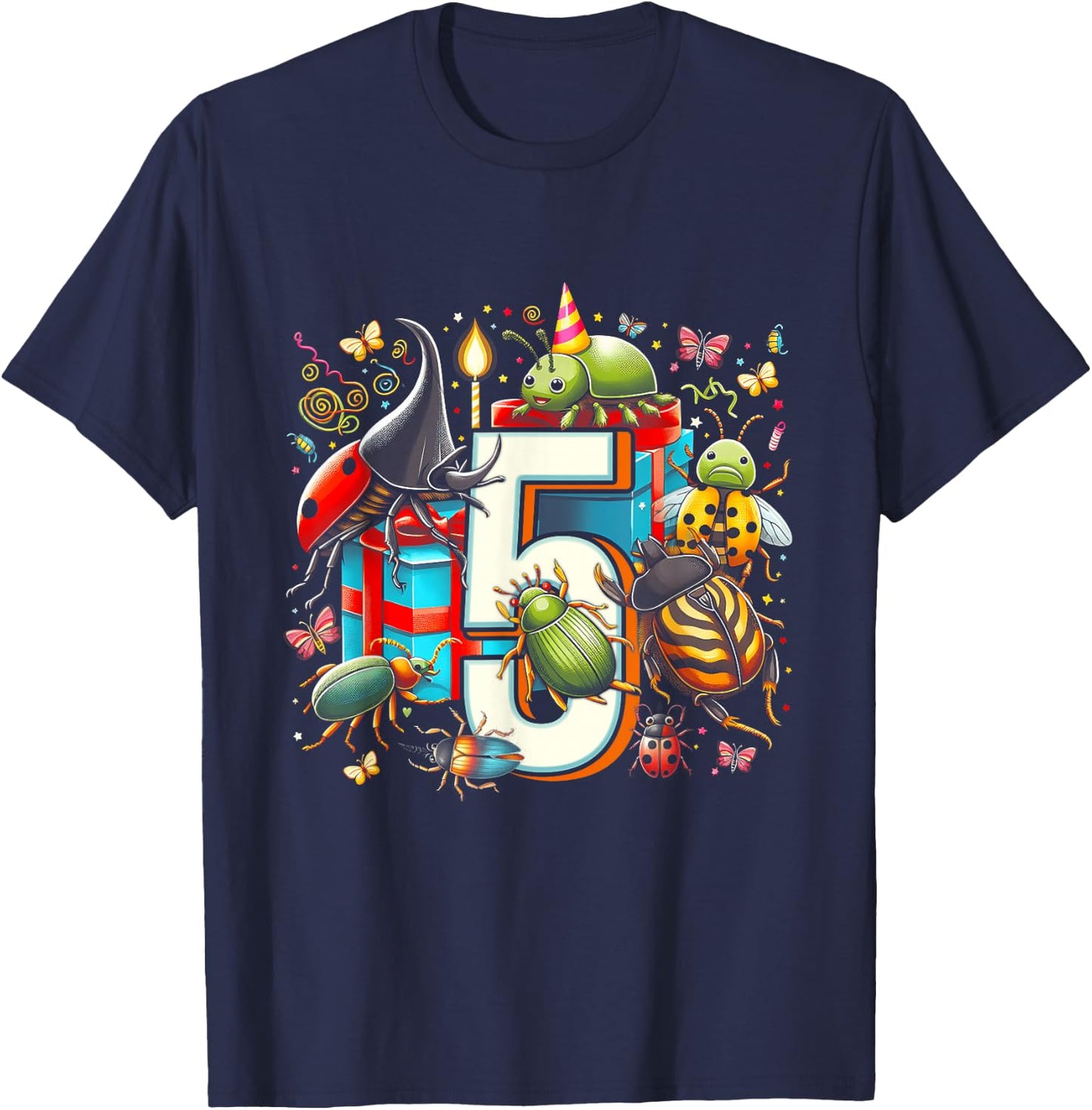 Kids 5th Birthday Bugs Insects Beetles Biology 5 Year Old T-Shirt - T-Shirt | Navy