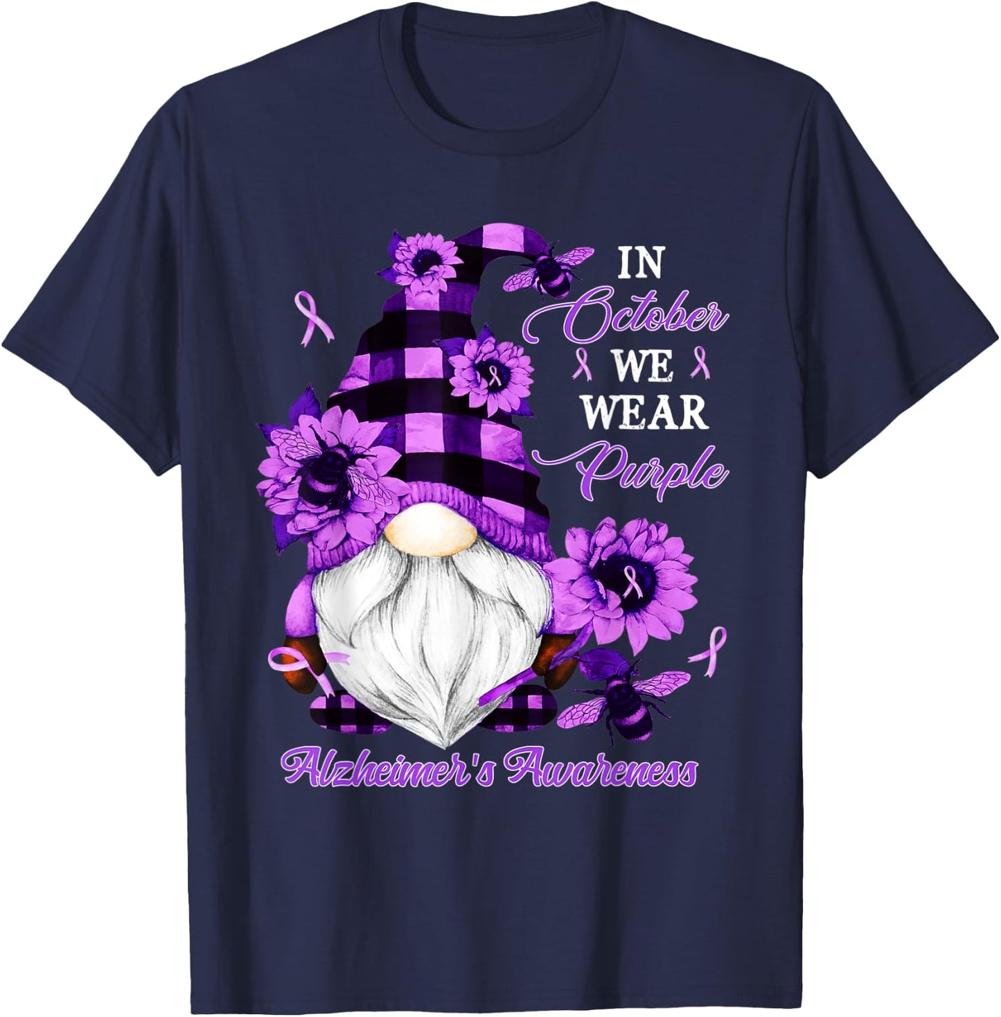 In October We Wear Purple Gnome Alzheimer's Awareness T-Shirt - T-Shirt | Navy