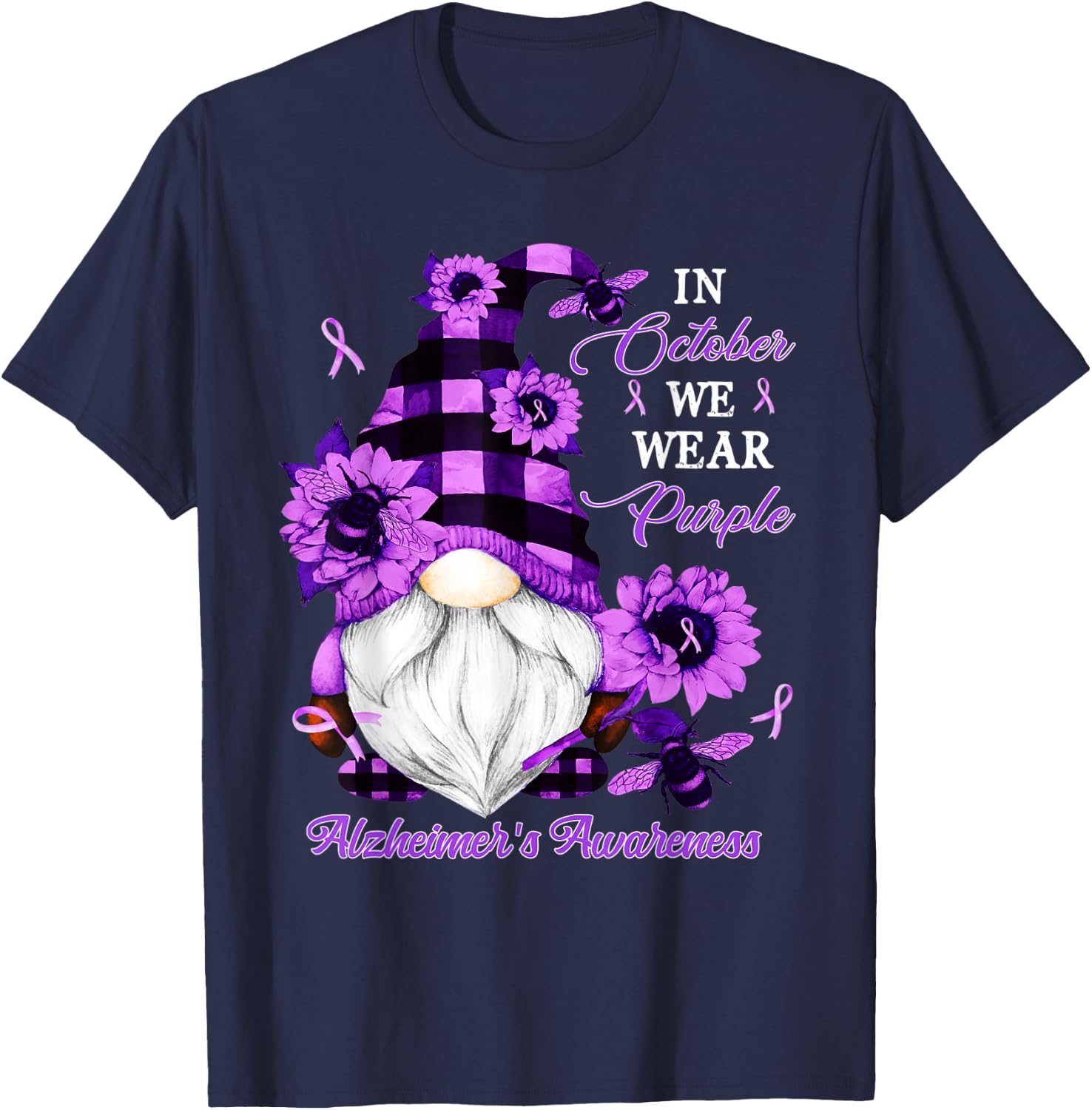 In October We Wear Purple Gnome Alzheimer's Awareness T-Shirt - T-Shirt | Navy