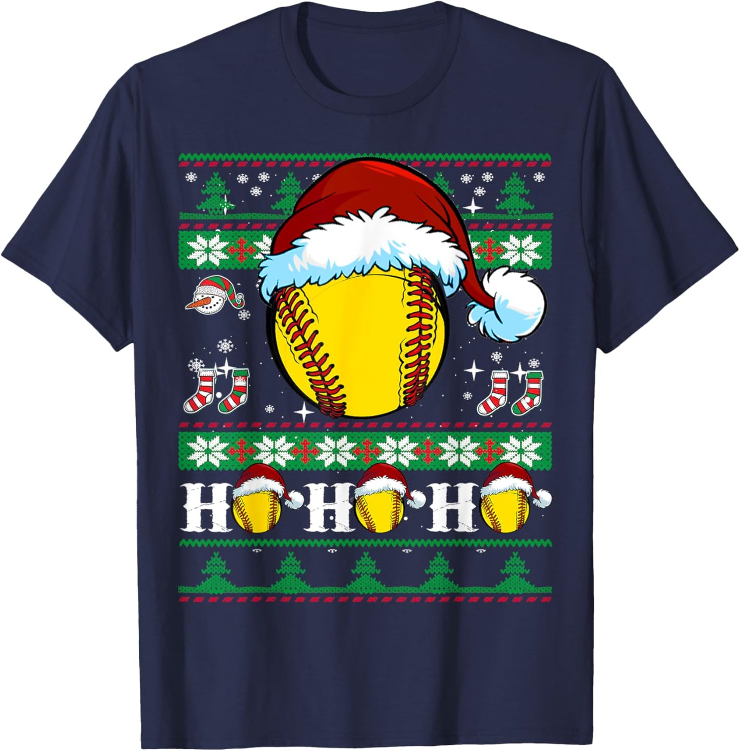 Ugly Christmas Softball Ho Ho Funny Xmas Sports Santa Hat T-Shirt - T-Shirt | Navy