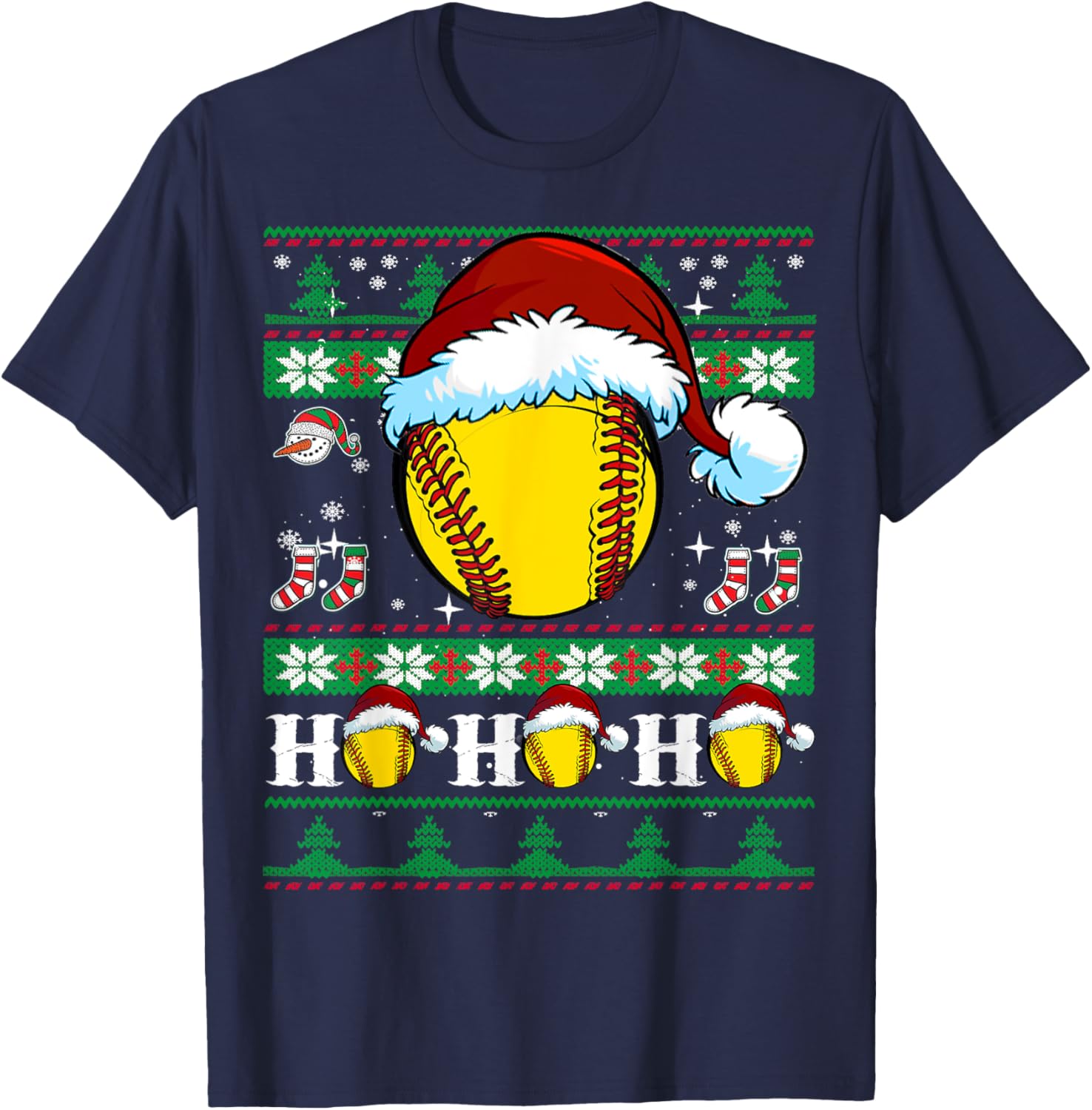 Ugly Christmas Softball Ho Ho Funny Xmas Sports Santa Hat T-Shirt - T-Shirt | Navy