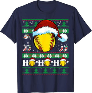 Ugly Christmas Softball Ho Ho Funny Xmas Sports Santa Hat T-Shirt - T-Shirt | Navy