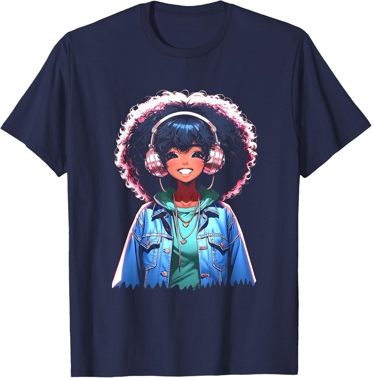 Anime and Music Black Girl Anime Merch Afro African American T-Shirt - T-Shirt | Navy