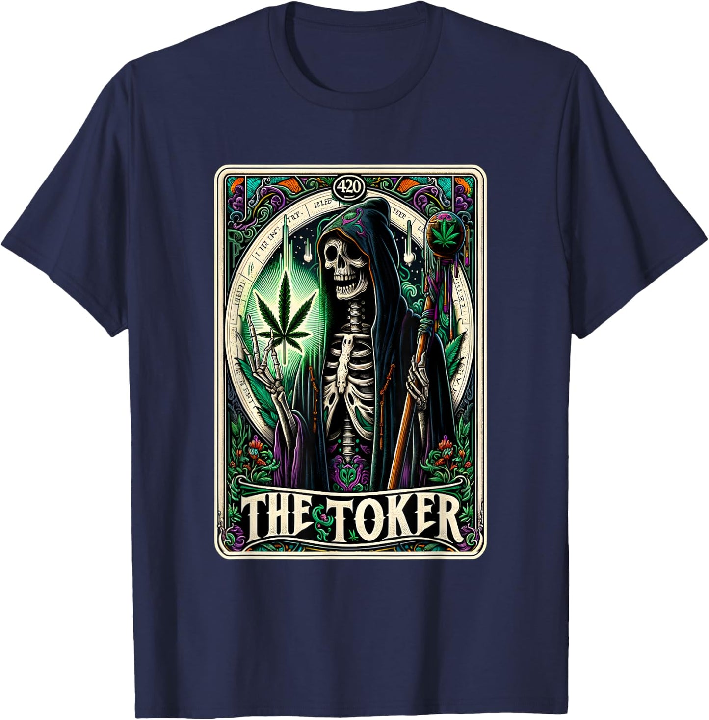 Tarot Card The Toker 420 Cannabis Skeleton Stoner Weed Goth T-Shirt - T-Shirt | Navy