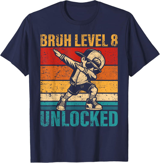 8 Years Old Birthday Dabbing Boy Bruh Level 8 Unlocked T-Shirt - T-Shirt | Navy