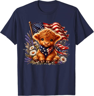 Highland Cow Florals 4th of July American USA Flag Patriotic T-Shirt - T-Shirt | Navy